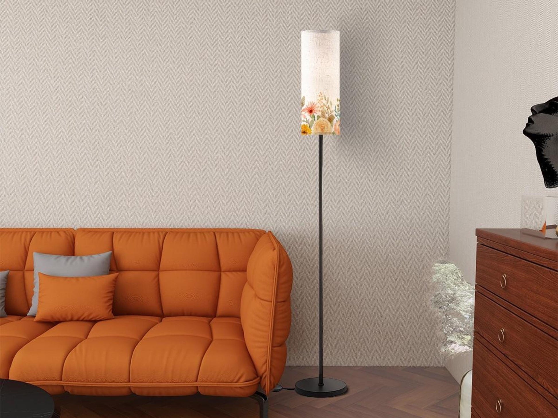 Floor Lamp Modern Standing Lamp Round Shade Tall Lamp Floral Cylinder Lamp Shade Living Room Lighting Made in USA Floor Lamp Bedroom Lamp