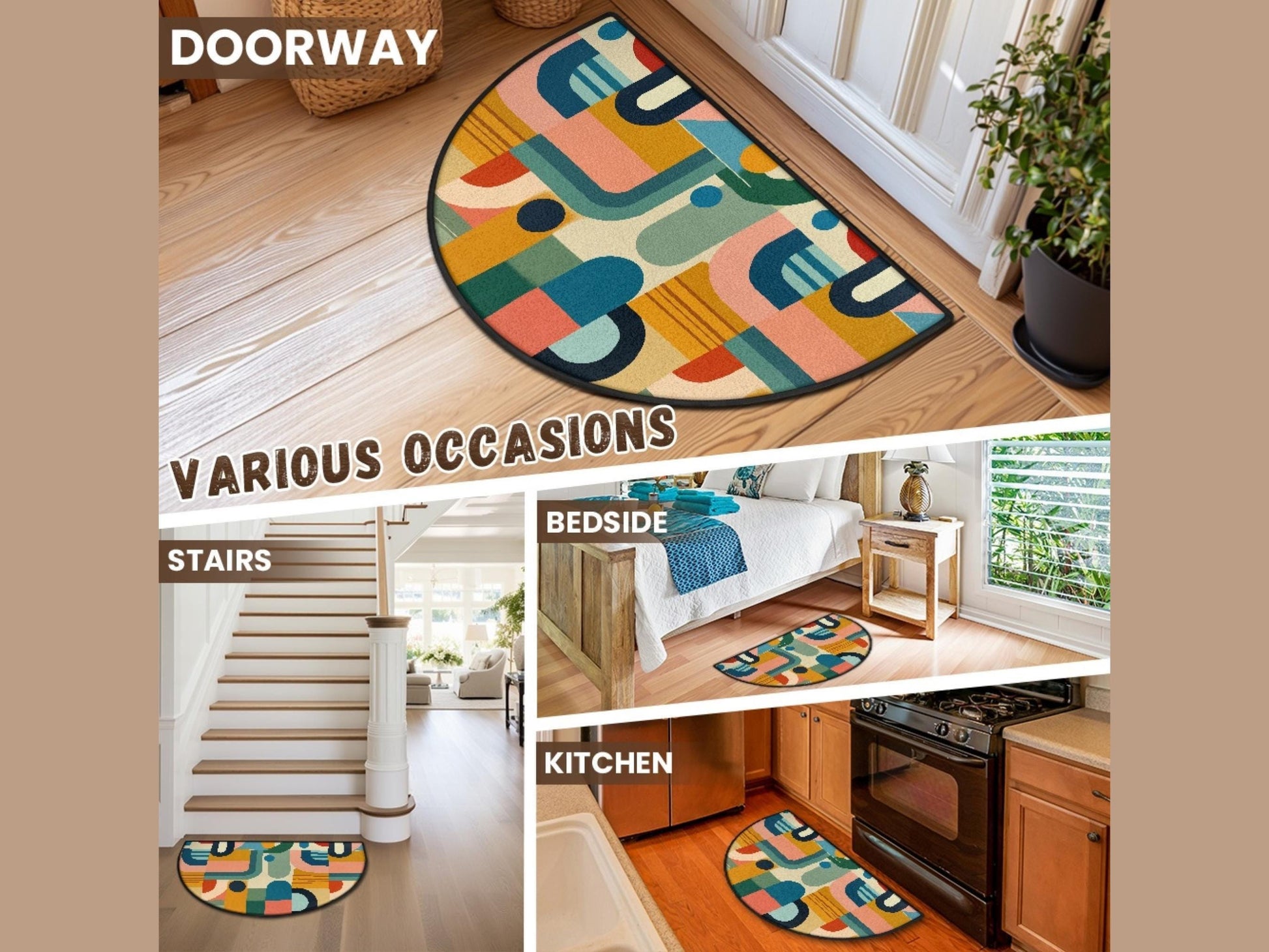 Midcentury Modern Entryway Rug Semi-Circle Colorful Rug Indoor MCM Design Carpet Accenty Welcome Mat Mid Mod Rug Soft Short Pile Midmod Rug