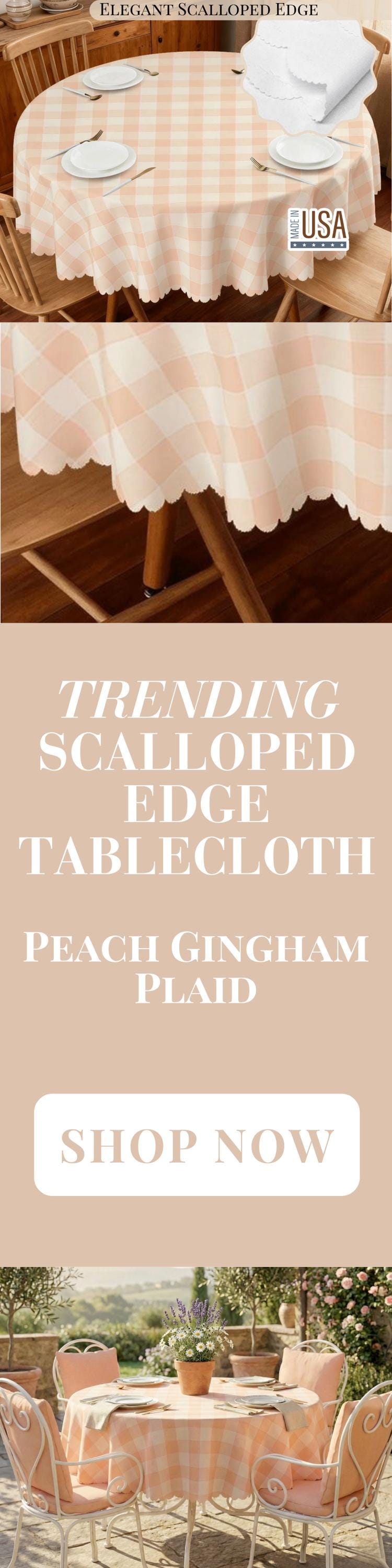 Plaid Tablecloth Peach Pink Scalloped Edge Lace Details For Spring Spill-Proof Summer Washable Fabric Table Cloth For Family Dinner Occasion