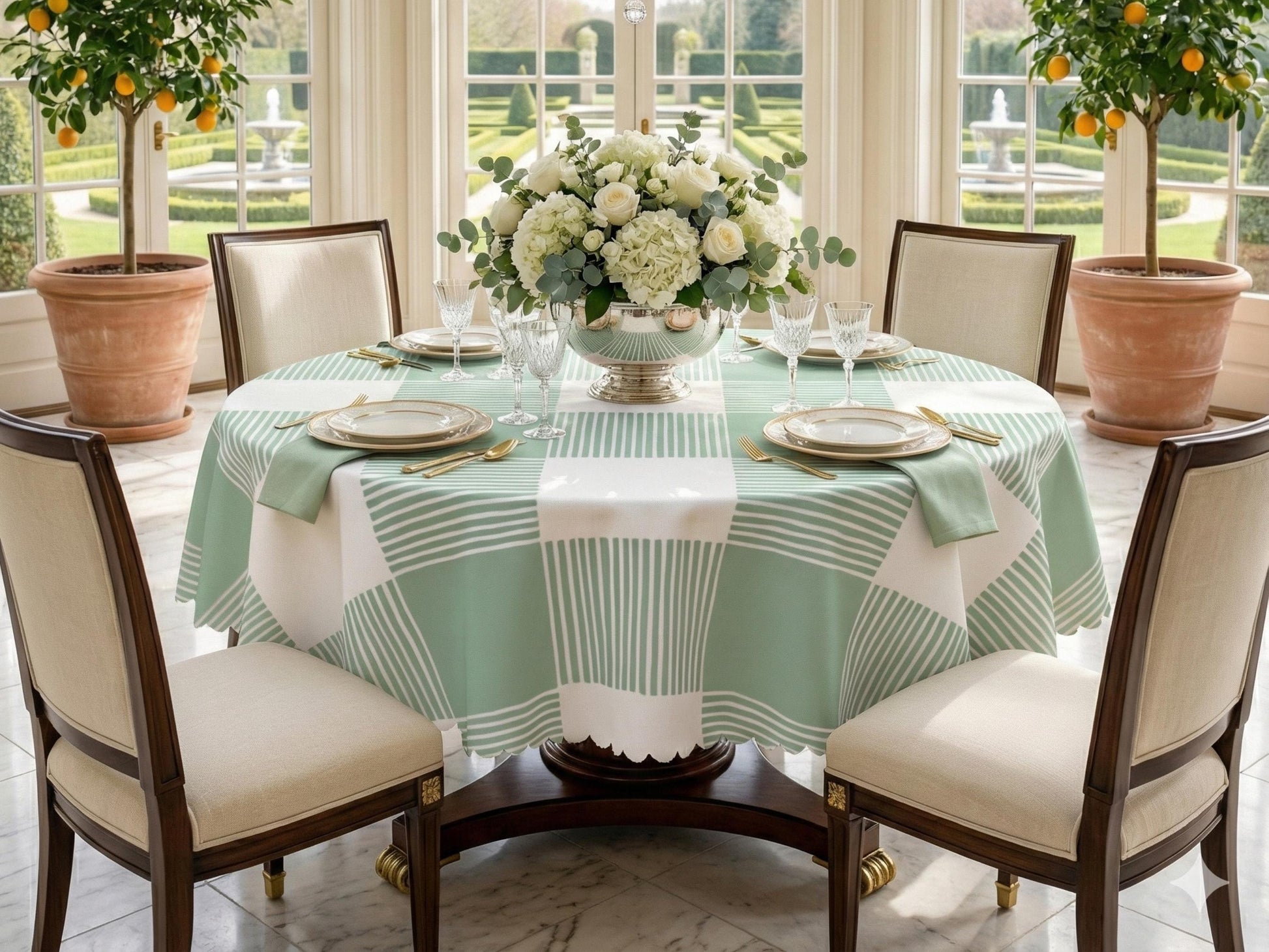 Plaid Tablecloth Green Scalloped Edge Lace Details For Spring Spill-Proof Summer Washable Fabric Table Cloth For Family Dinner Occasion