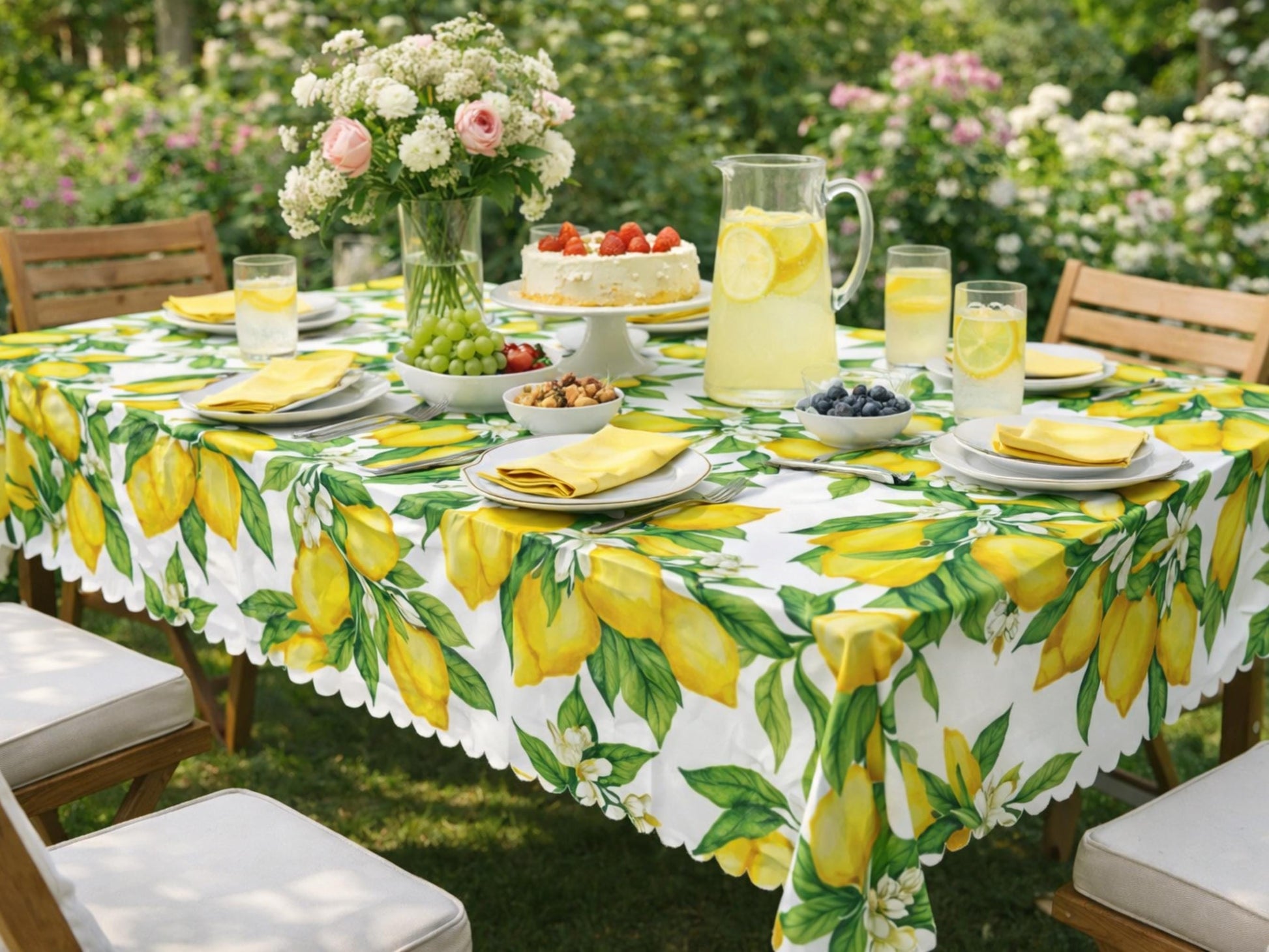 Tablecloth Lemon Rectangle With Scalloped Edge Lace Detail Springtime Spill-Proof Washable Fabric Lemons Table Cloth For Family Dining