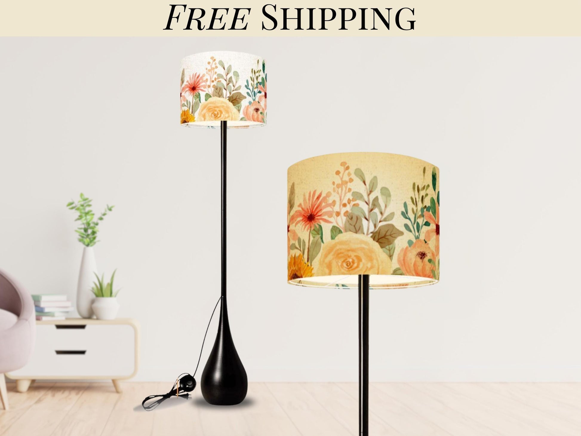 Floor Lamp Remote Control Boho Flower Teardrop Living Room Lamp Gift Housewarming Present Idea Watercolor Design Bedroom Lighting Floor Lamp