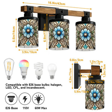 Blue Floral Scrollwork Stained-Glass-Style Three-Light Vanity Fixture