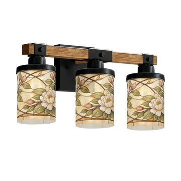 Cream Floral Stained-Glass-Style Three-Light Vanity Fixture