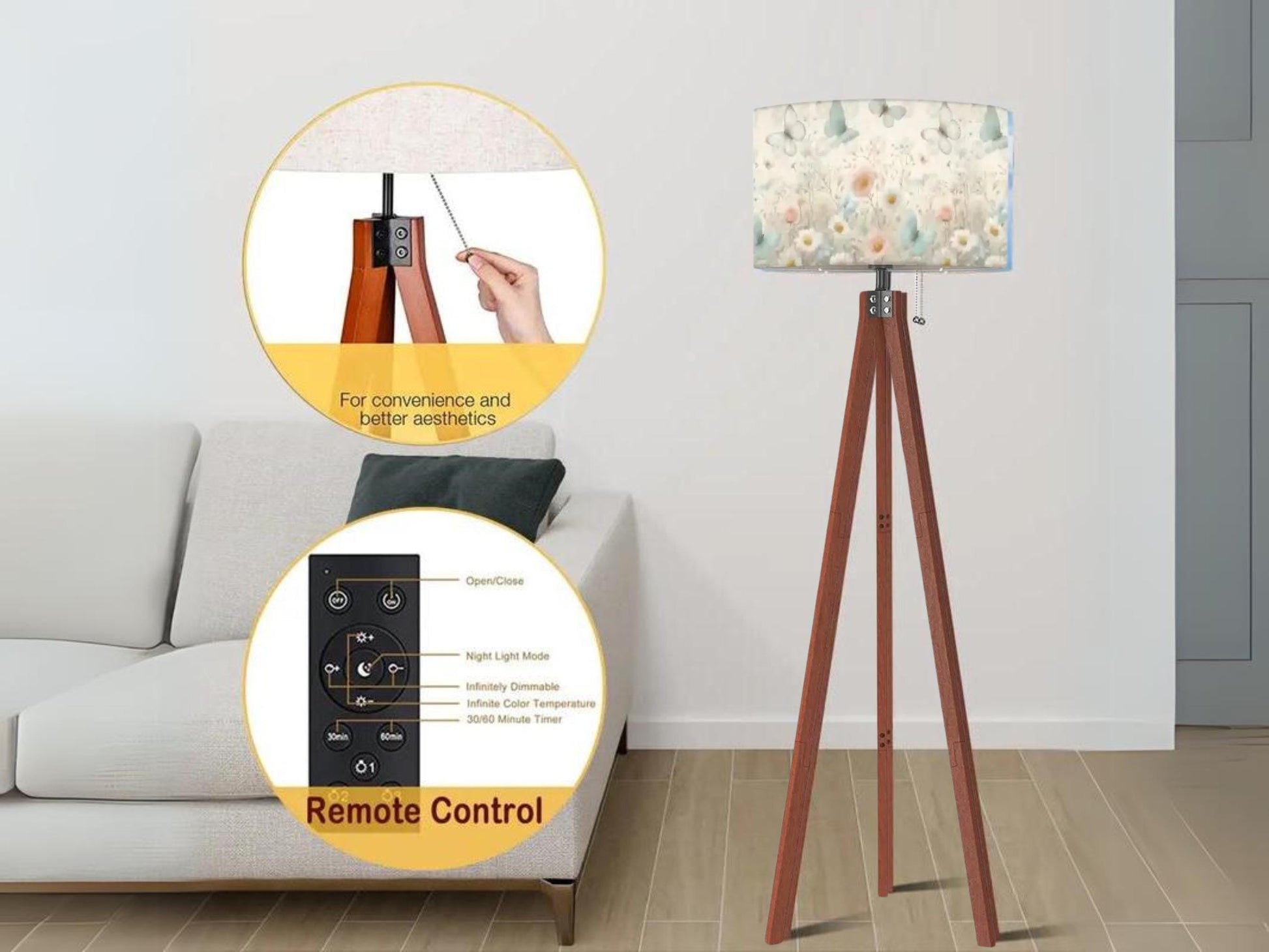 Floor Lamp Wood Tripod Tall Lamp Solid Wood Round Linen Shade Mid Century Floral Tall Lamp Housewarming Gift Living Room Lighting Decor Lamp