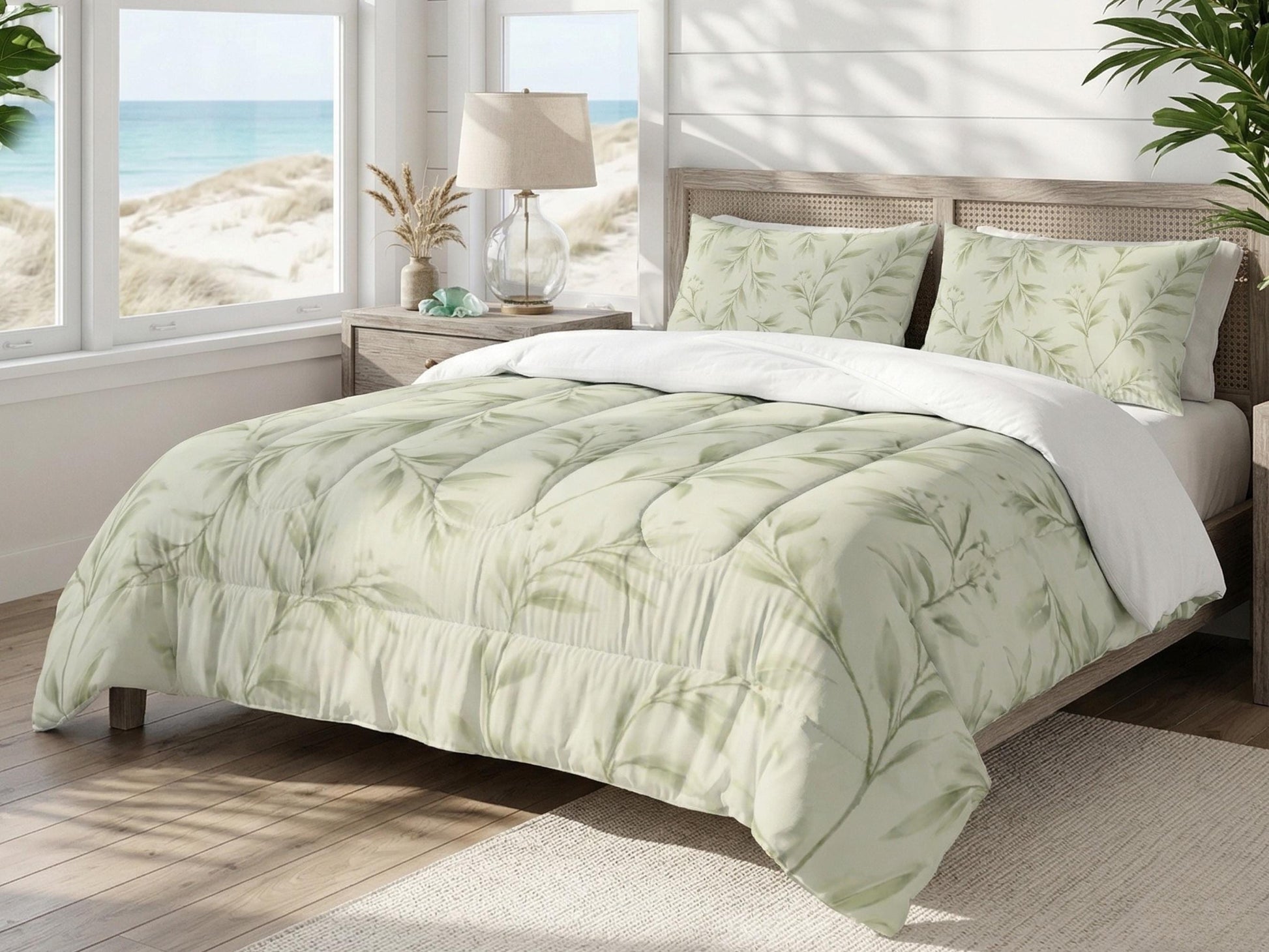 Comforter Set Botanical Sage Green Floral Pistachio Bedding Modern Organic Bed Set with Pillowcase Minimal Neutral Bedroom Decor Soft Green