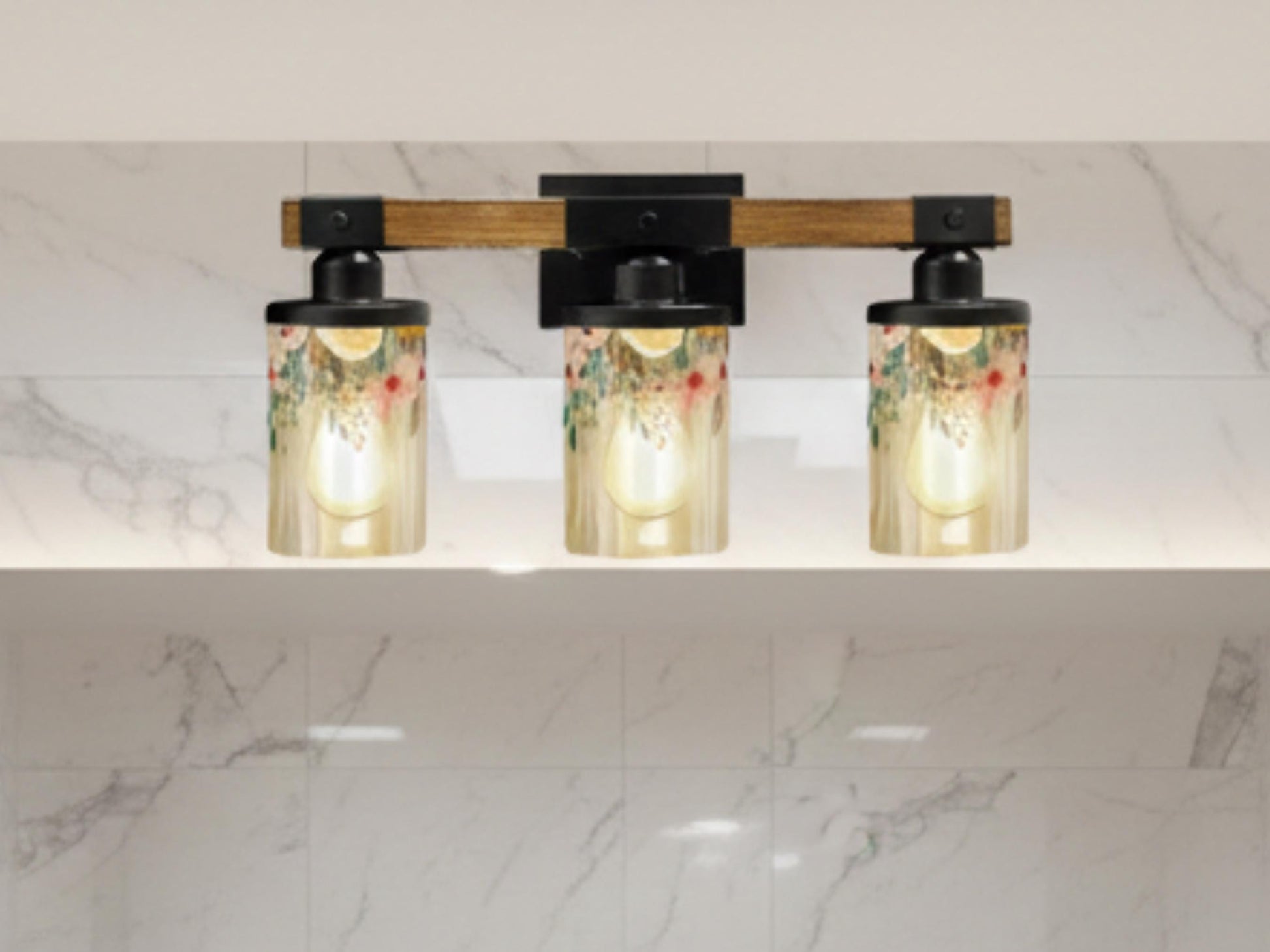 Vanity Light Fixture 3-Light Watercolor Floral Farmhouse Luxury Bathroom Lighting Flowers Metal and Glass Restroom Light Over Sink Decor