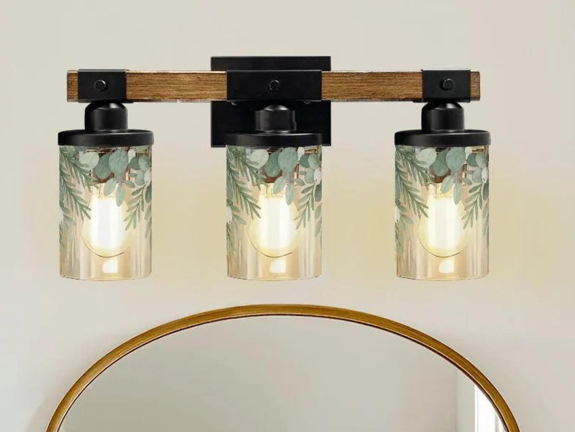 Bathroom Light Fixture Green Vanity Lighting  3-Light Decorative Metal & Glass Restroom Light Sage Greenery Pink Leaves Over Sink Decor