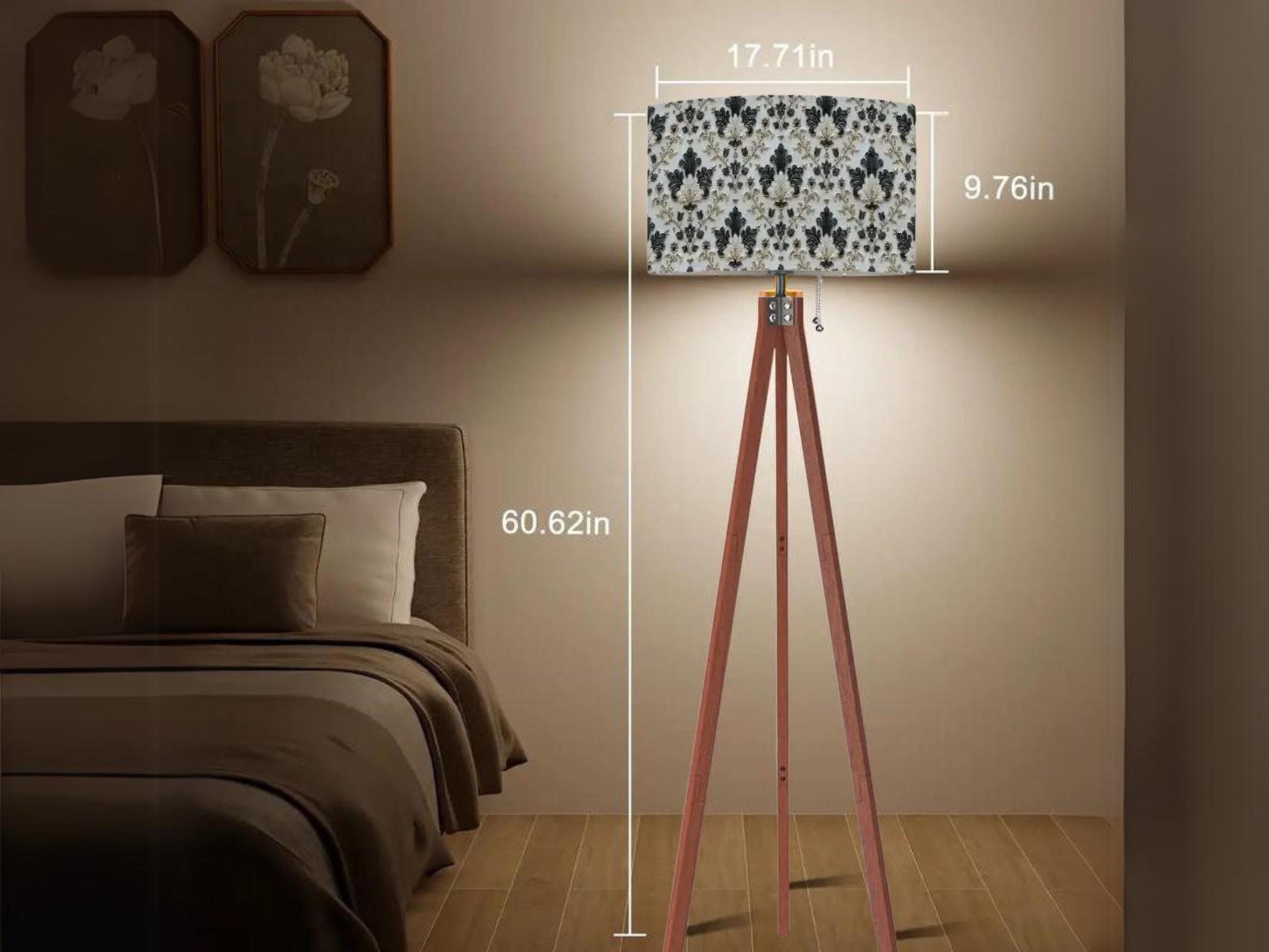 Floor Lamp Tripod Solid Wood Tall Lamp Gold and Green Ornate Floral Mid Century Shade Living Room Lighting for Bedroom Home Decor Dining