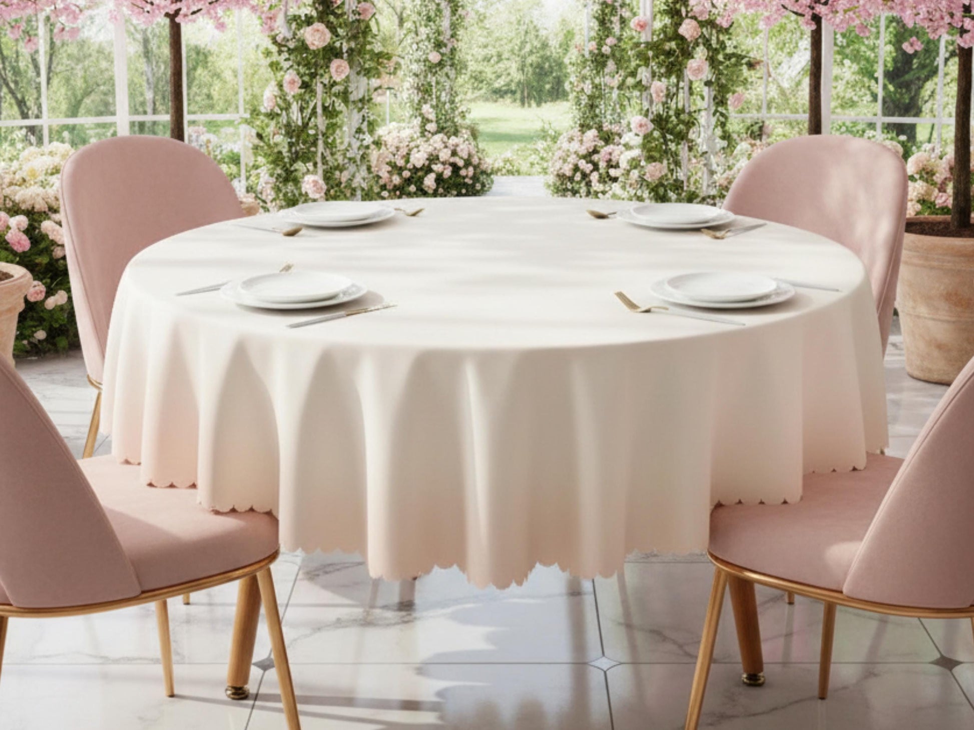 Elegant Tablecloth Beige Hombre Peach Tablecloth Scalloped Edge Lace Detail For Dining Table Spill-Proof Washable Table Cloth For Spring