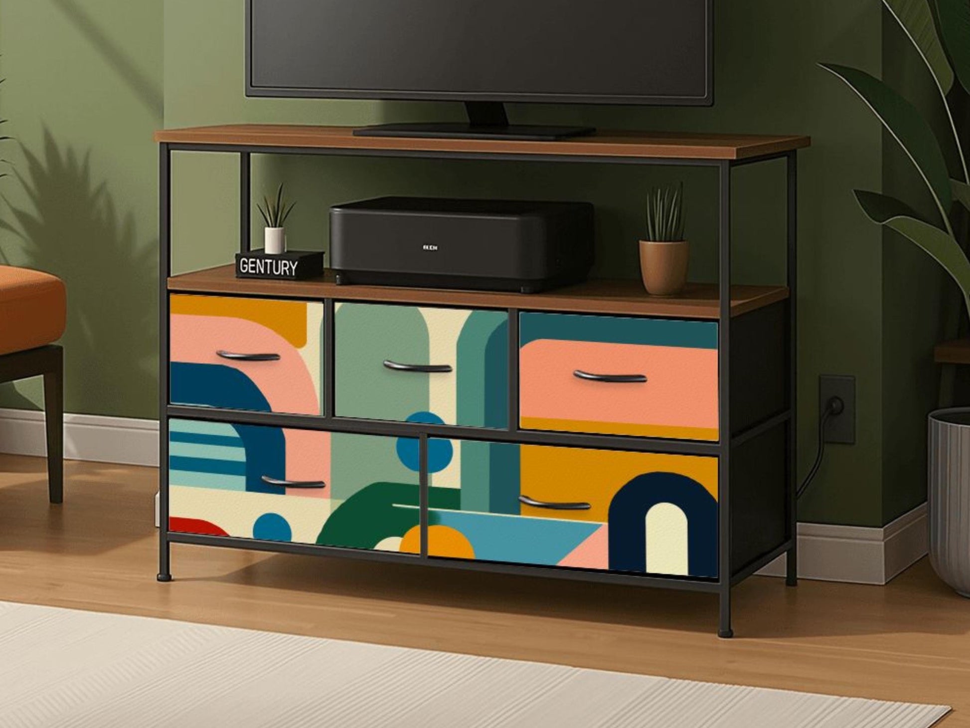 Made to Order Midcentury Modern TV Stand with Charging Station Colorful Abstract Drawer Media Console Mid Century Storage Cabinet Furniture