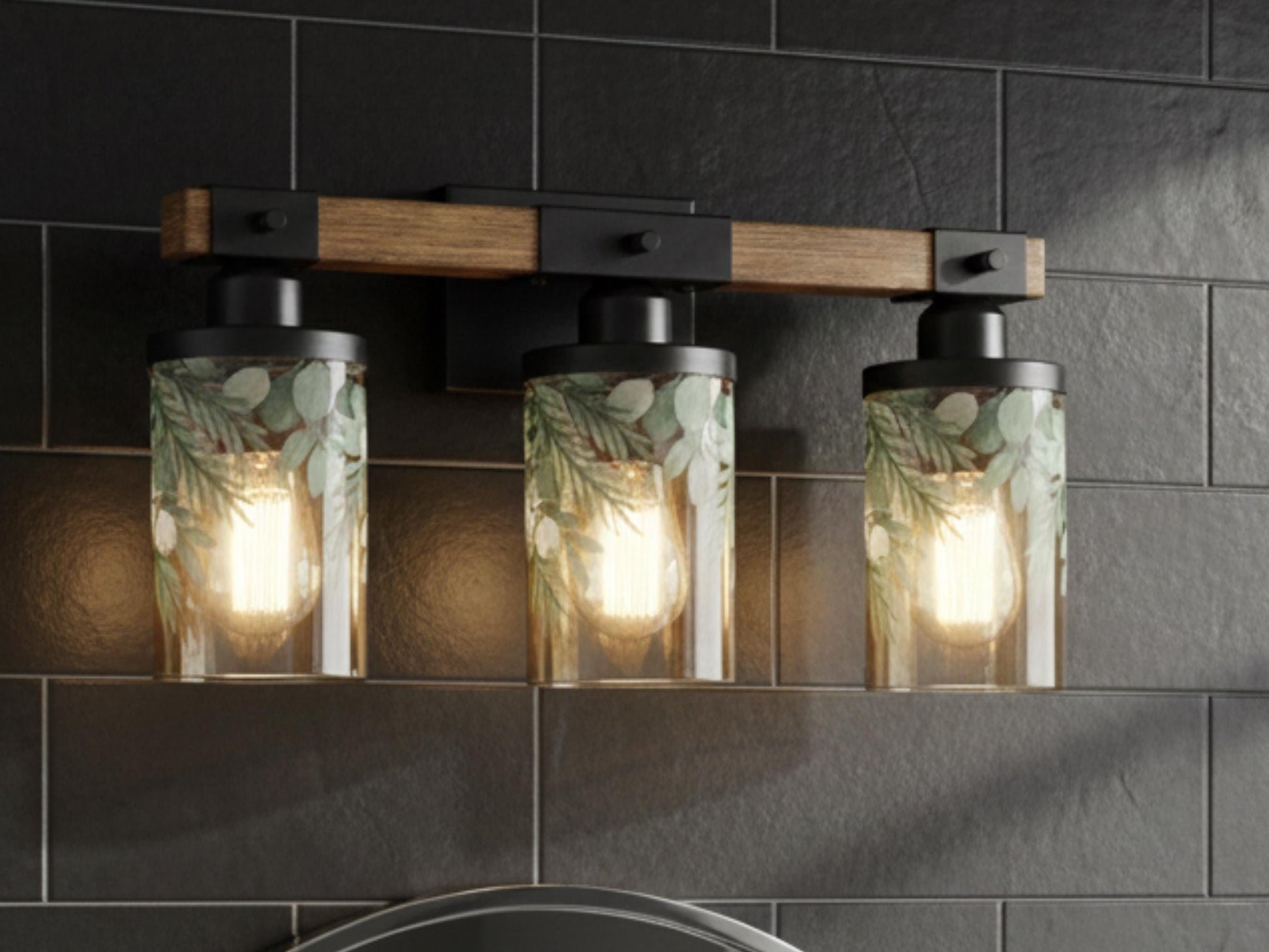 Bathroom Light Fixture Green Vanity Lighting  3-Light Decorative Metal & Glass Restroom Light Sage Greenery Pink Leaves Over Sink Decor