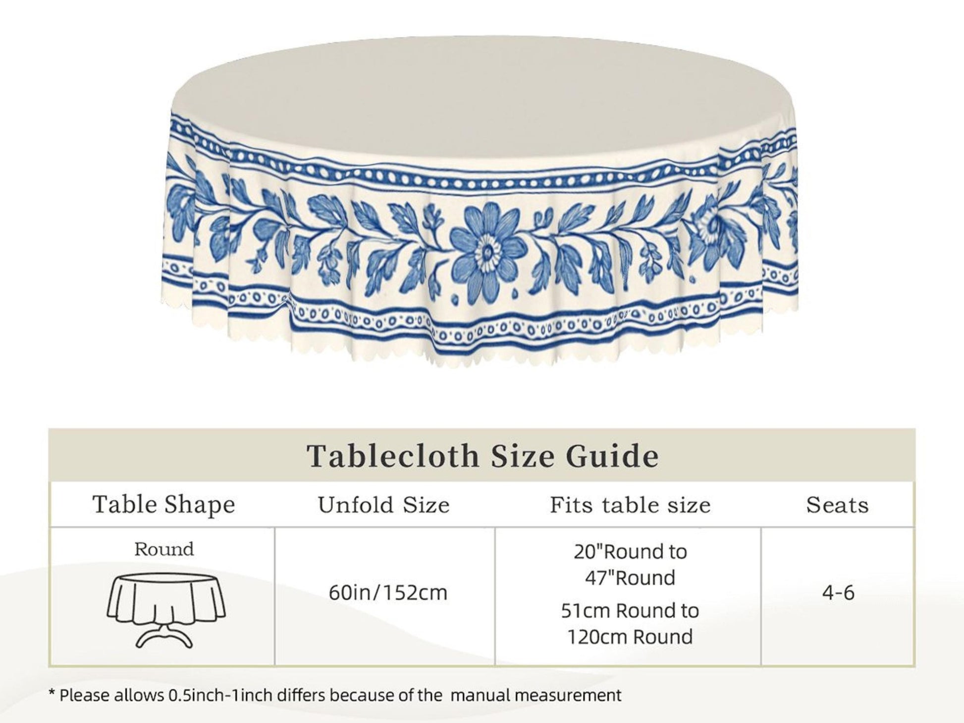 Tablecloth Flowers Border Scalloped Edge Lace Details For Dinner Events Spill-Proof Dining Table Cloth Washable Fabric Dining Tablecloth
