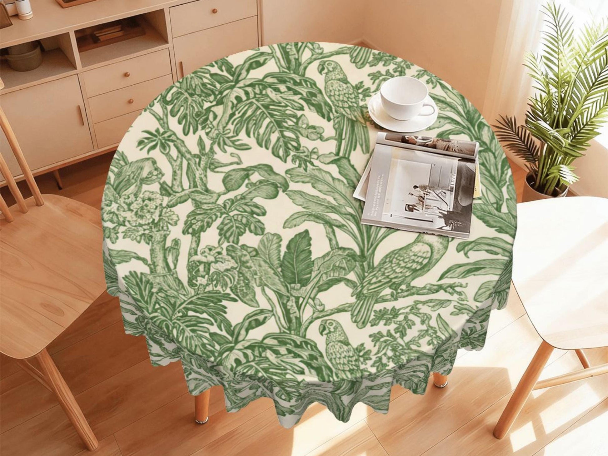 Toile Green Tropical Tablecloth With Scalloped Edge Lace Details For Dining Table Spill-Proof Spring Washable Table Cloth Elegant Setting