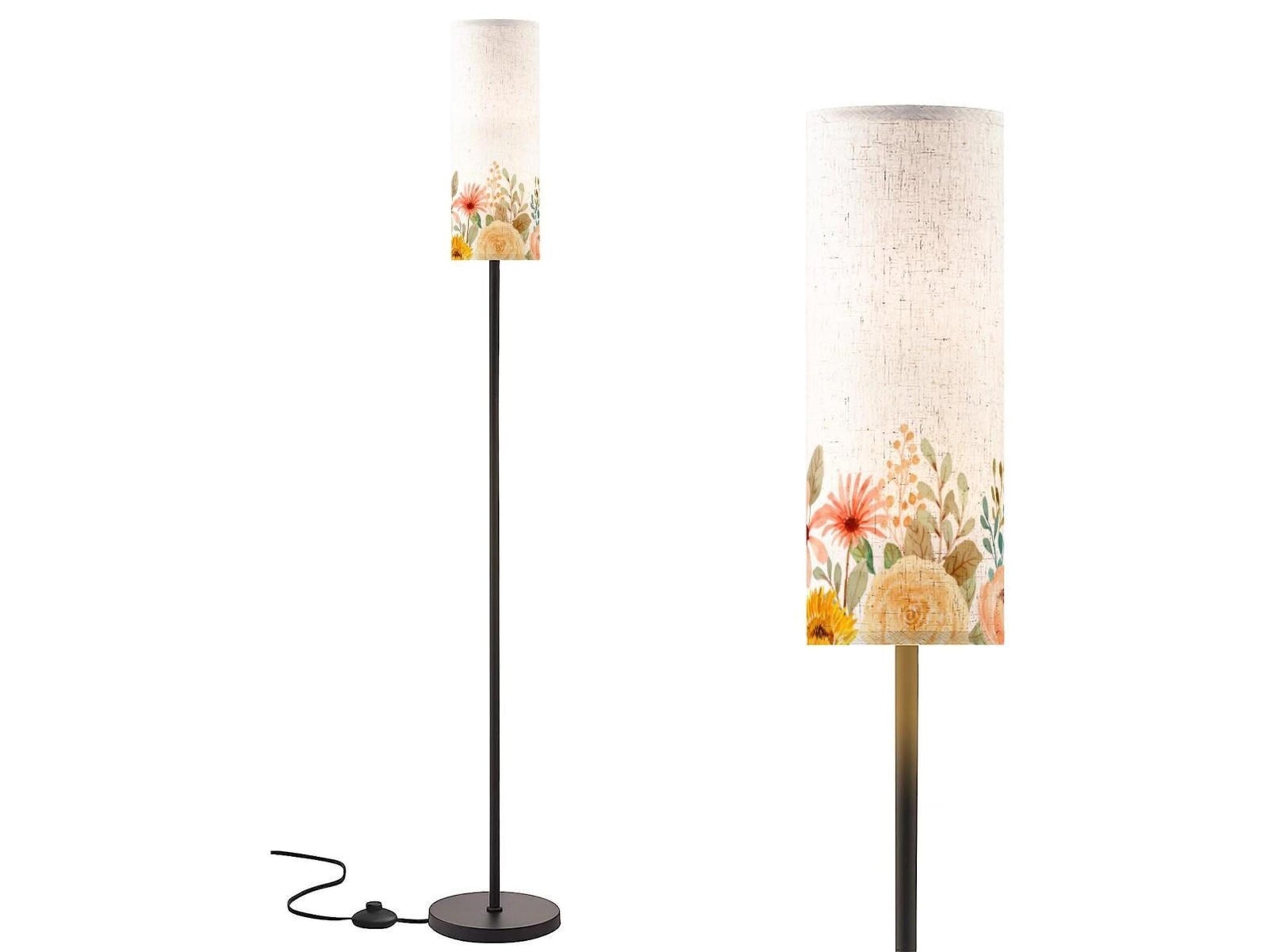 Floor Lamp Modern Standing Lamp Round Shade Tall Lamp Floral Cylinder Lamp Shade Living Room Lighting Made in USA Floor Lamp Bedroom Lamp