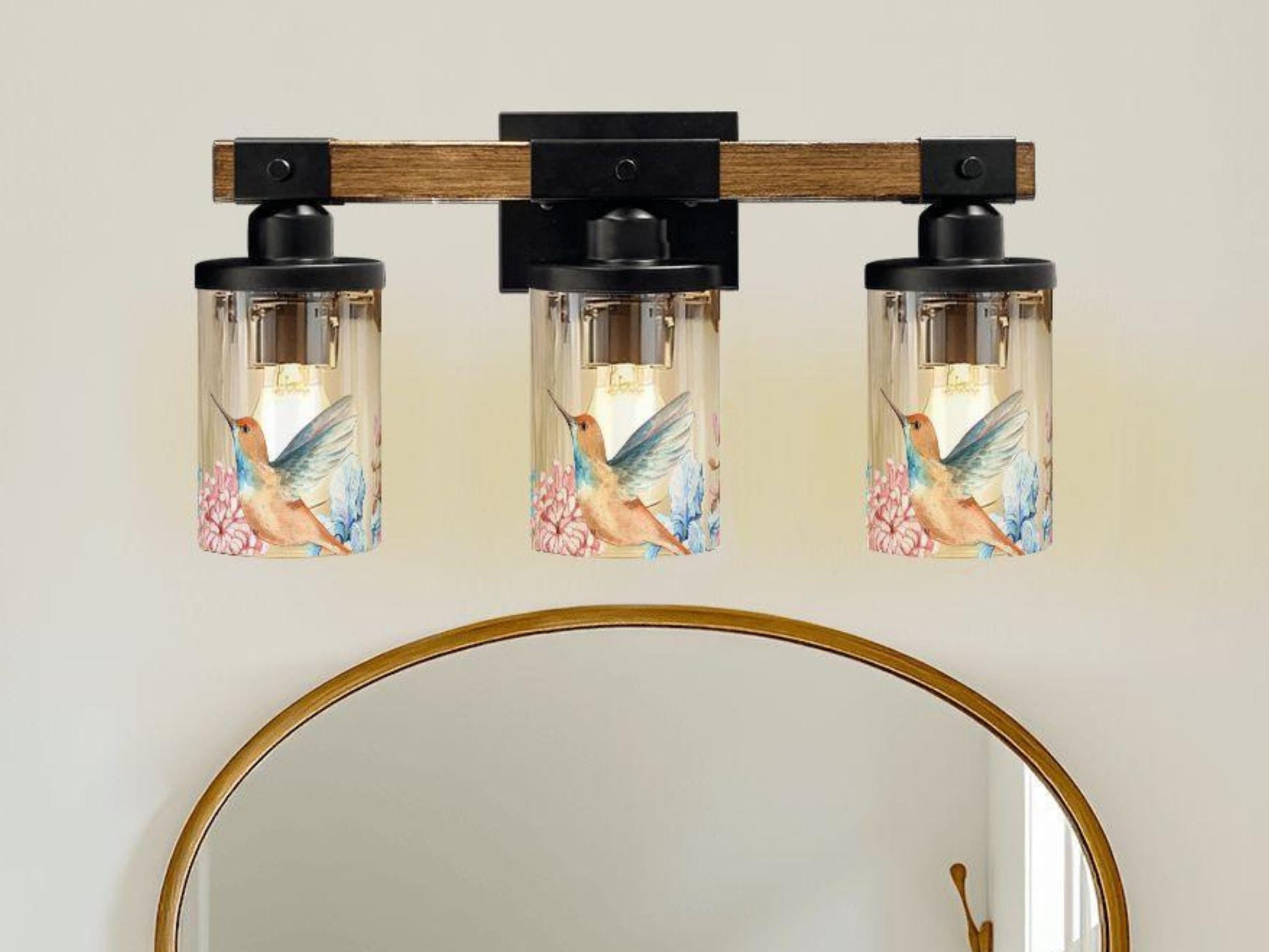 Vanity Light Fixture 3-Light Watercolor Bird Floral Farmhouse Luxury Bathroom Lighting Flower Metal and Glass Restroom Light Over Sink Decor