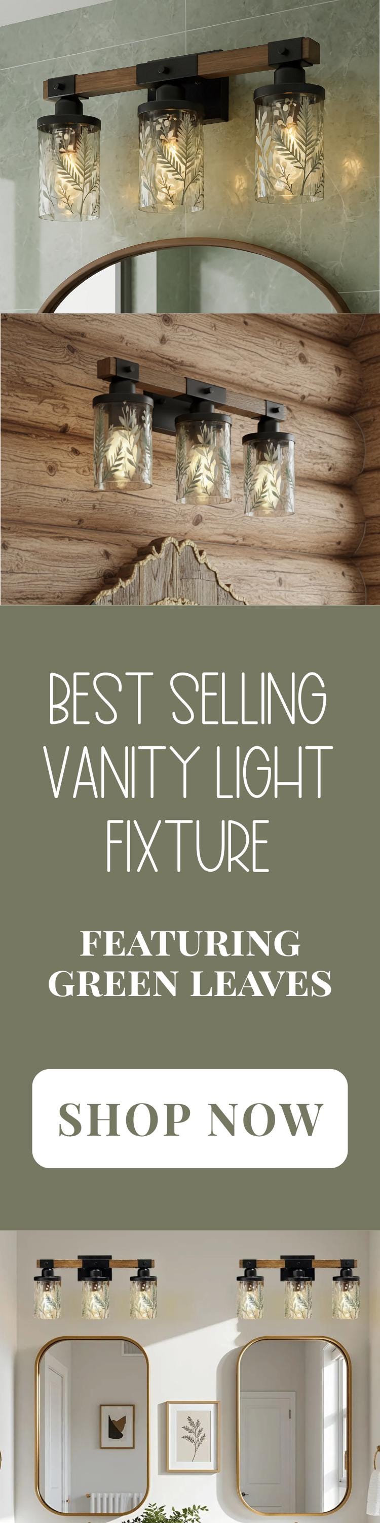 Luxury Bathroom Lighting Green Vanity Light Fixture 3-Light Decorative Metal & Glass Restroom Light Sage Greenery Botanical Over Sink Decor