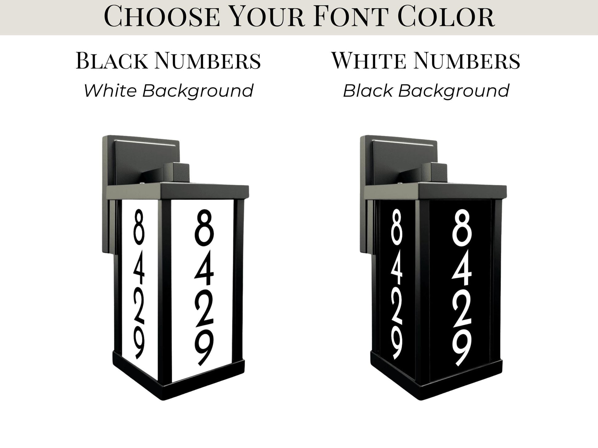 two different styles of black and white house number signs, each with a unique background color.