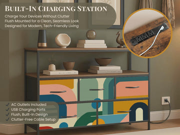 Made to Order Midcentury Modern TV Stand with Charging Station Colorful Abstract Drawer Media Console Mid Century Storage Cabinet Furniture