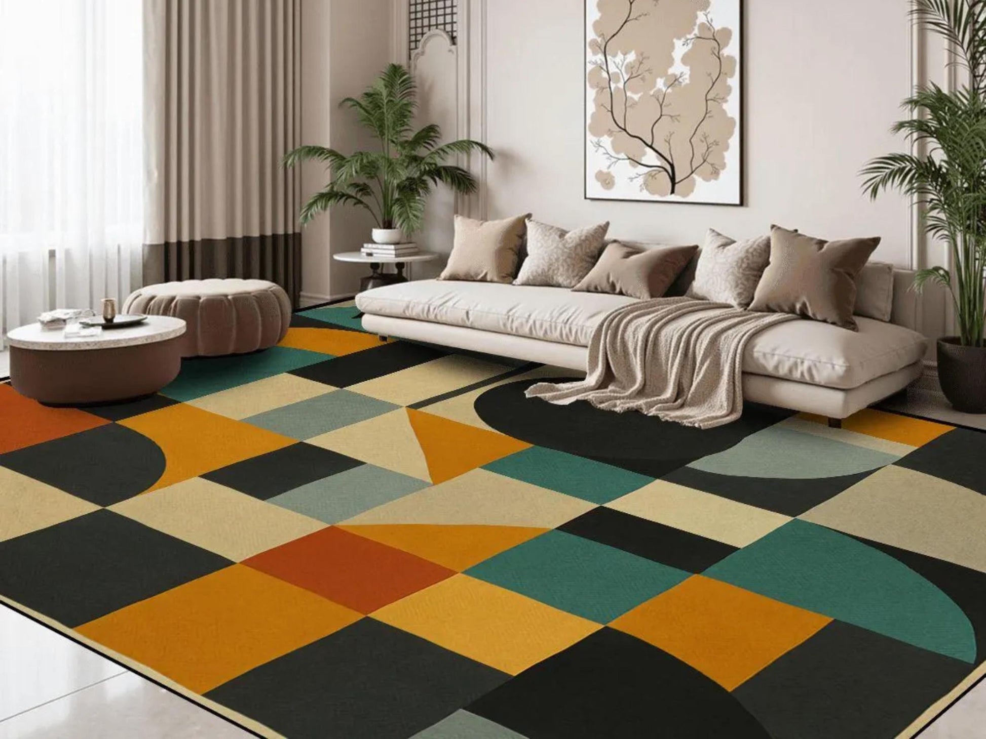 9ft x 12ft Large Area Rug Midcentury Modern Large Living Room Rug Indoor Outdoor Design Carpet 108in x 144in Family Room Rug Soft Short Pile