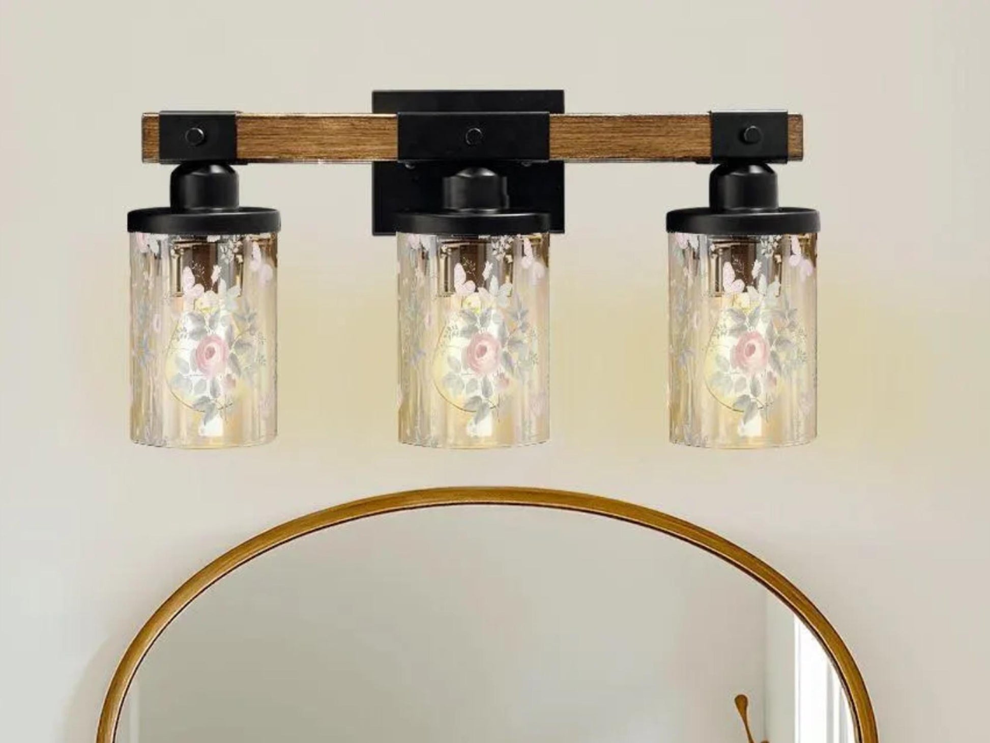Luxury Bathroom Lighting Vanity Light Fixture 3-Light Watercolor Floral Farmhouse Roses Metal and Glass Restroom Light Over Sink Decor