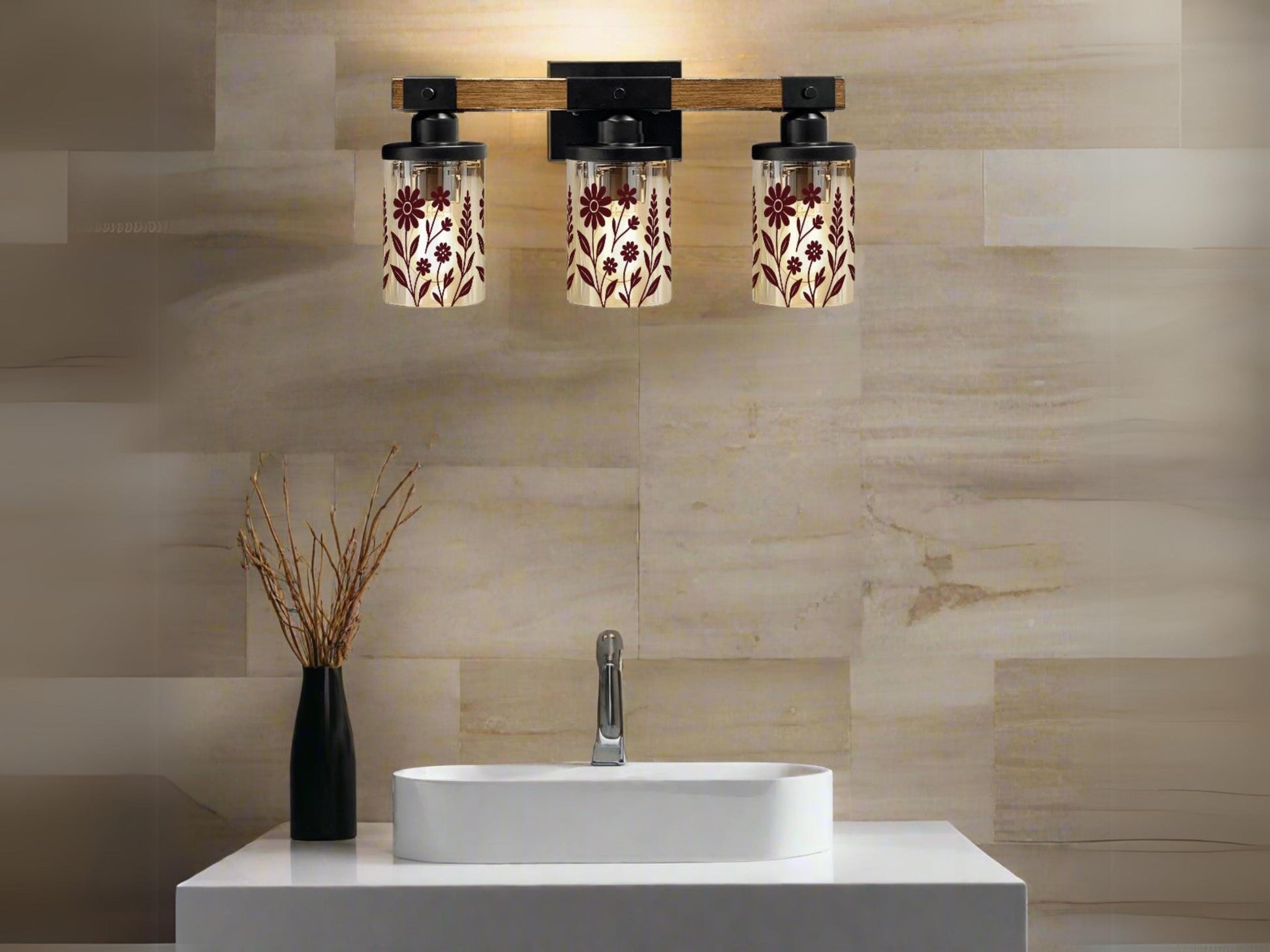 Luxury Bathroom Lighting Modern Vanity Light Fixture 3-Light Decorative Metal and Glass Restroom Light Red Merlot Wildflower Over Sink Decor