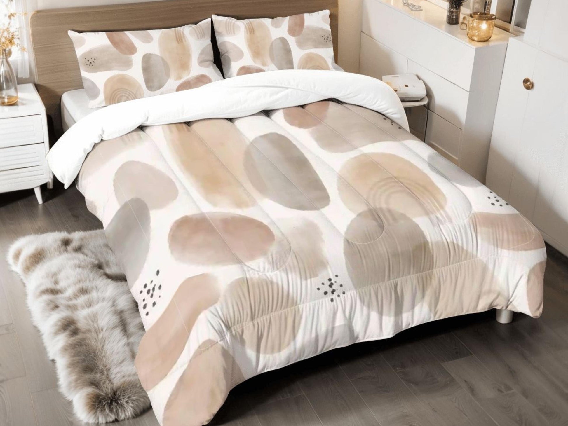 Comforter Set Neutral Organic Abstract Modern Minimal Bedding Cream Taupe Boho Bed Set Scandi Bedroom Decor King Queen Full Twin Pillowcase