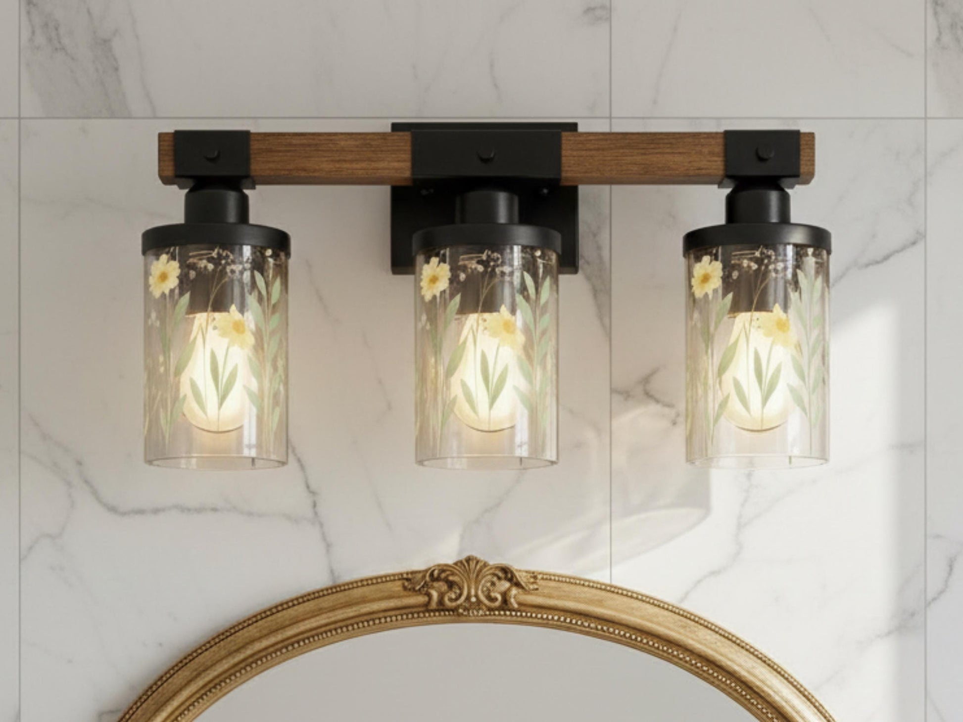 Luxury Bathroom Lighting Yellow Floral Vanity Light Fixture 3-Light Decorative Metal and Glass Restroom Light Garden Flower Over Sink Decor