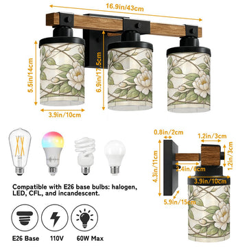 Ivory Floral Stained-Glass-Style Three-Light Vanity Fixture