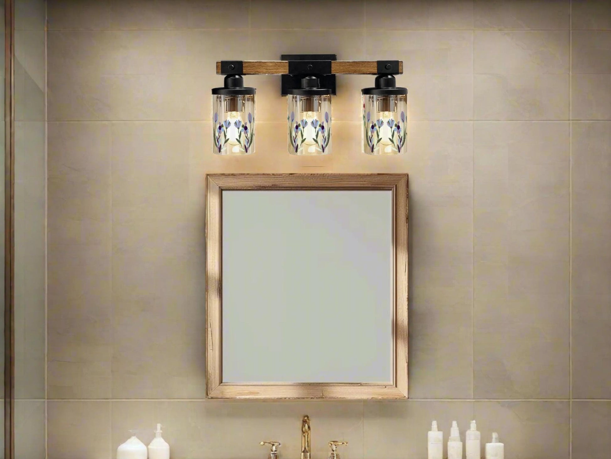 Bathroom Vanity Light Fixture Purple Floral 3-Light Farmhouse Luxury Bathroom Lighting Flower Metal and Glass Restroom Light Over Sink Decor