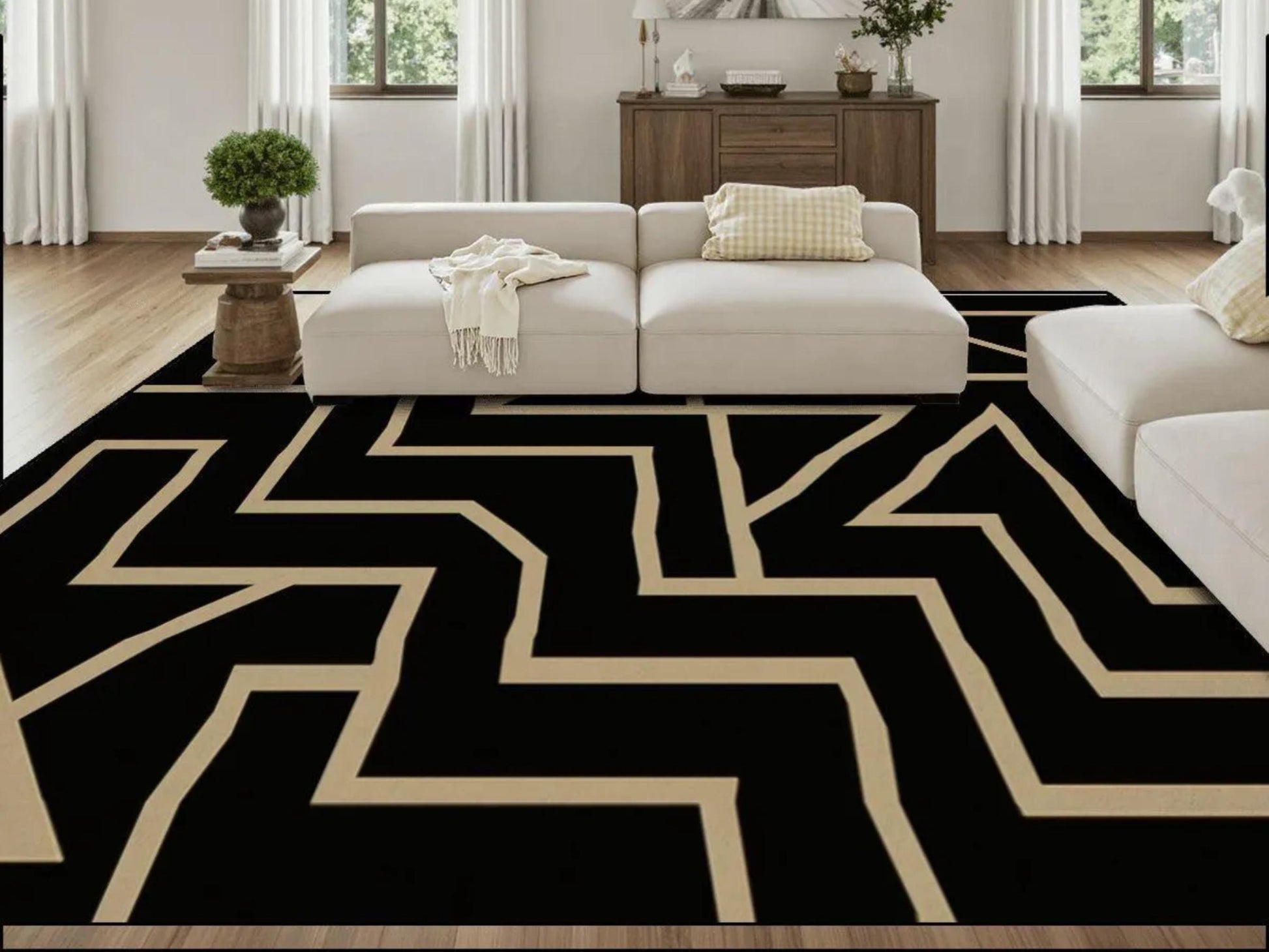 Custom Size Area Rug 8x10 Contemporary Modern Living Room Rug Indoor Mod Black Design Carpet 96in x 120in Family Room Rug Soft Short Pile