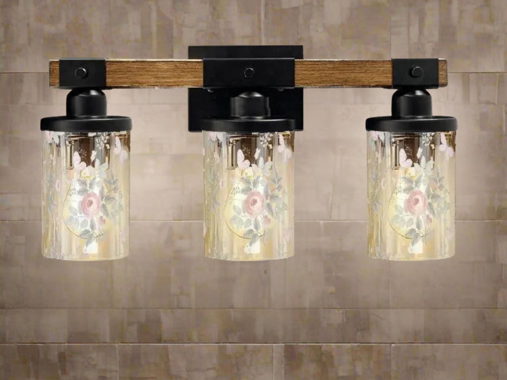 Luxury Bathroom Lighting Vanity Light Fixture 3-Light Watercolor Floral Farmhouse Roses Metal and Glass Restroom Light Over Sink Decor