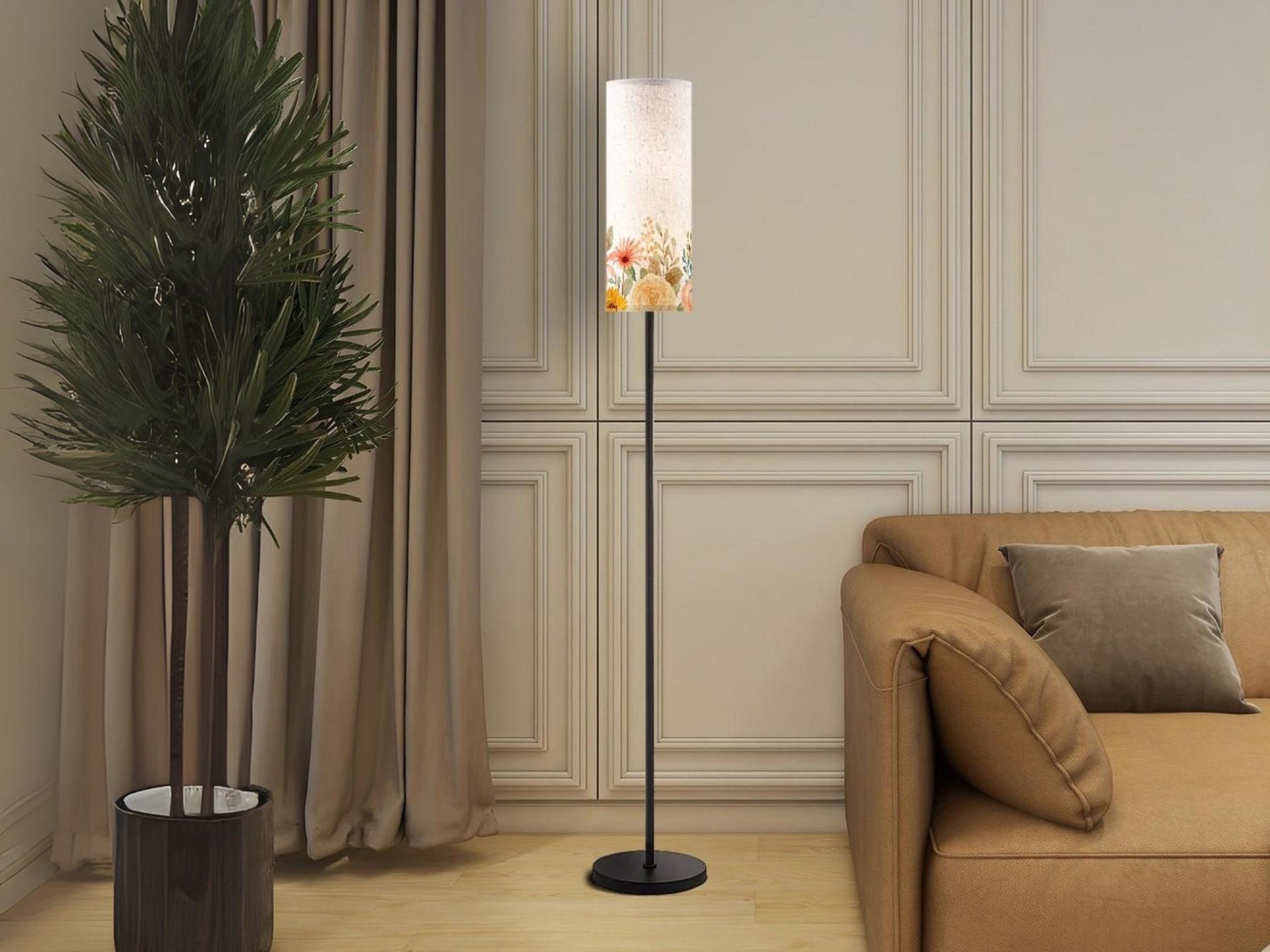 Floor Lamp Modern Standing Lamp Round Shade Tall Lamp Floral Cylinder Lamp Shade Living Room Lighting Made in USA Floor Lamp Bedroom Lamp
