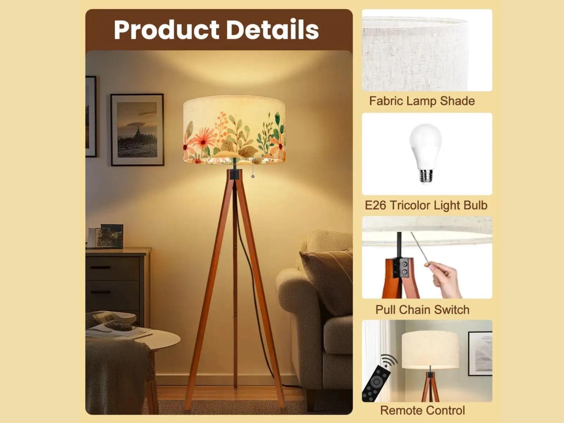 Floor Lamp Floral Tall Lamp Solid Wood Round Linen Shade Watercolor Floral Tall Lamp Housewarming Gift Living Room Lighting Decor Lamp