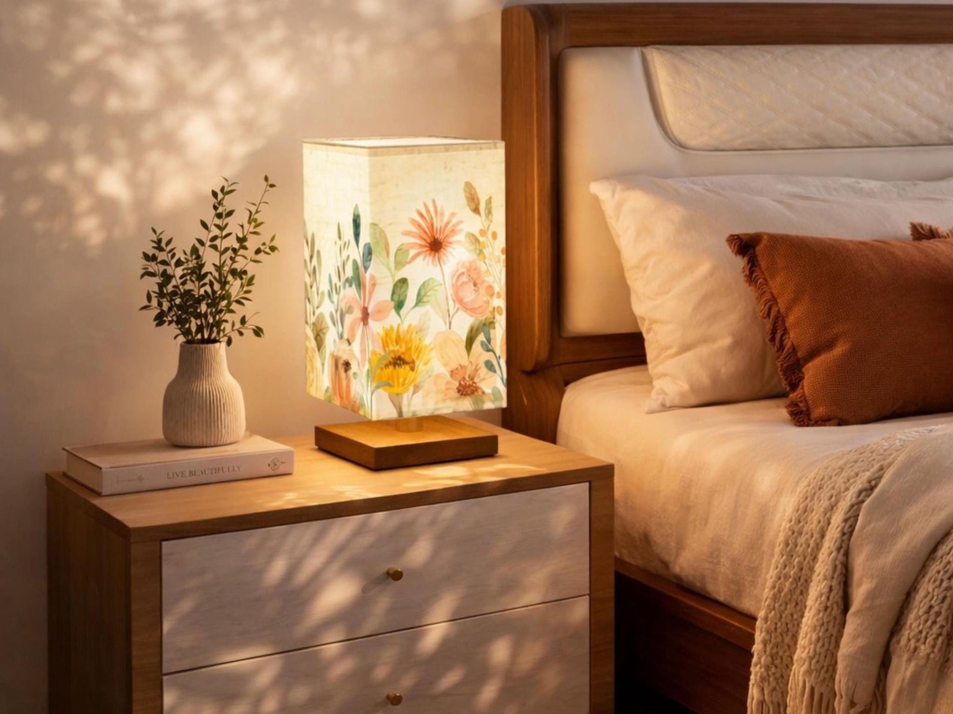Bedside Table Lamp Remote Control Floral Watercolor Flowers Lamp For Small Desk Lamp For Office Wood Desk Lamp Lighting for Living Room