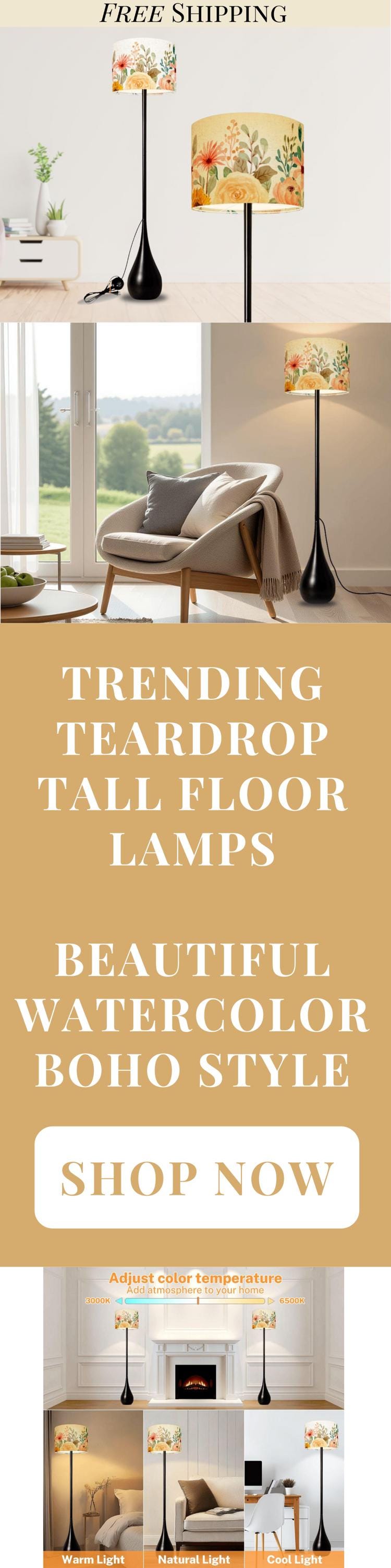 Floor Lamp Remote Control Boho Flower Teardrop Living Room Lamp Gift Housewarming Present Idea Watercolor Design Bedroom Lighting Floor Lamp