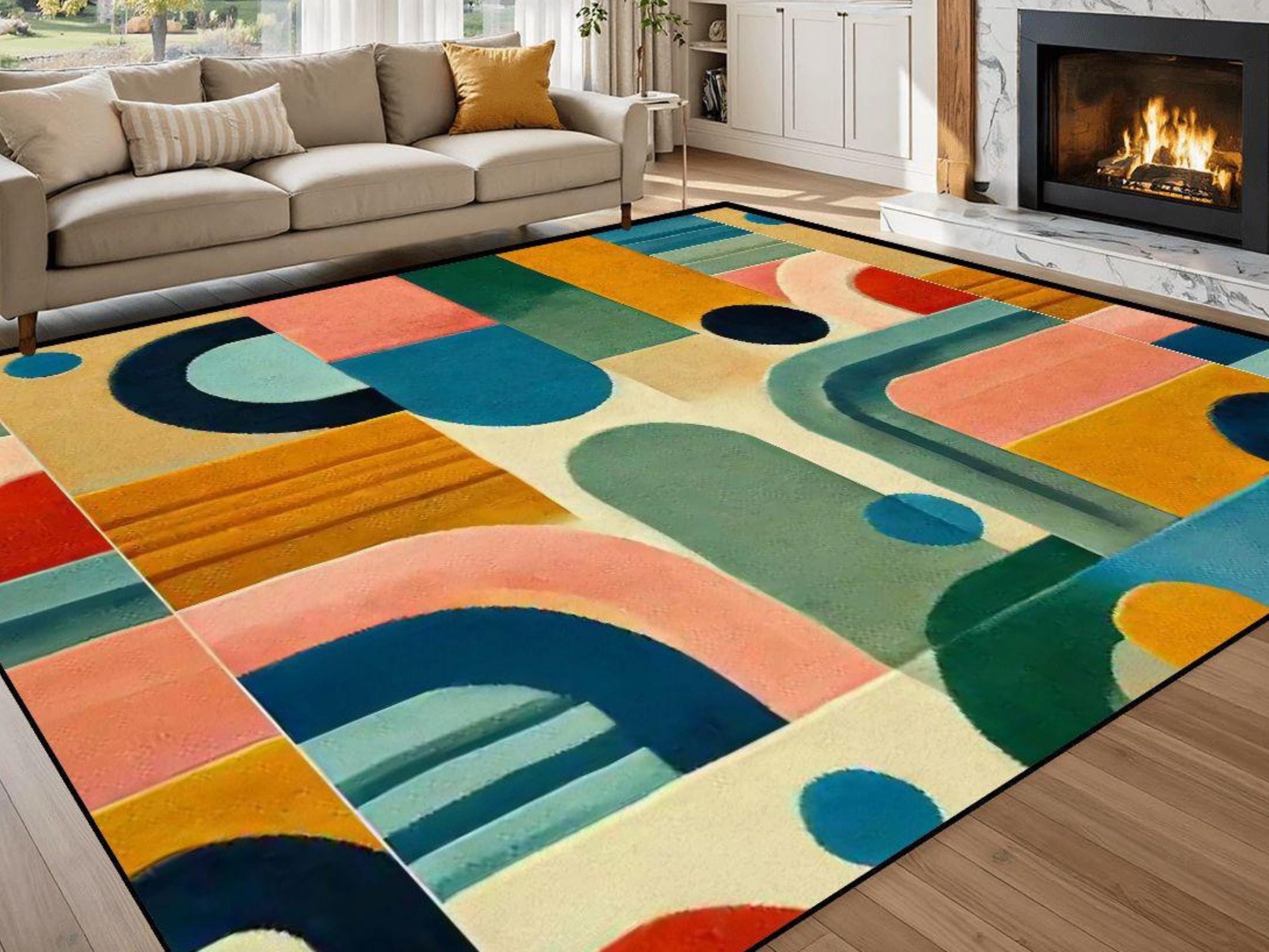 Large Area Rug Custom Size Midcentury Modern Living Room Rug Indoor MCM Design Carpet 96in x 120in Family Room Mid Mod Rug Soft Short Pile