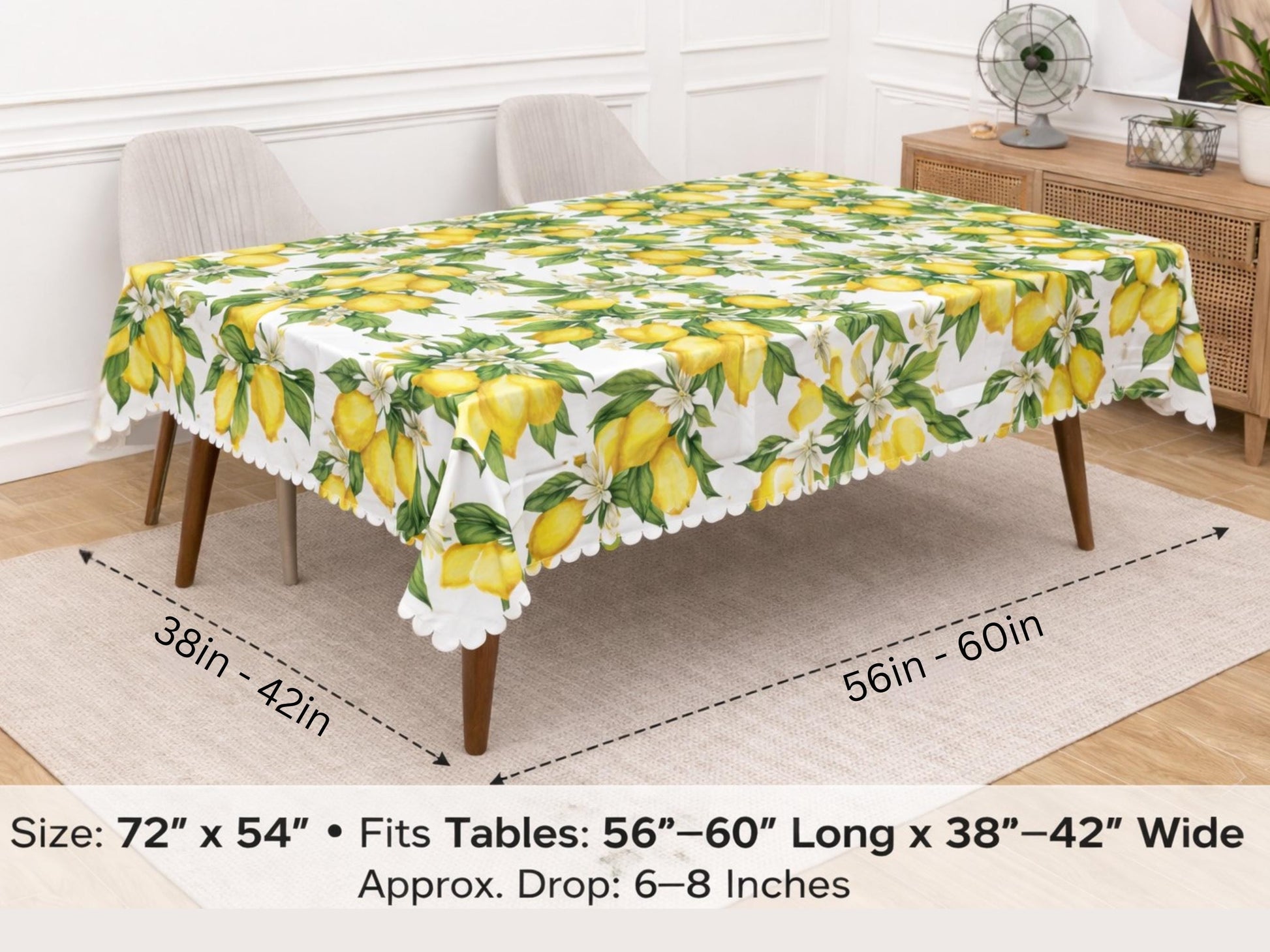 Tablecloth Lemon Rectangle With Scalloped Edge Lace Detail Springtime Spill-Proof Washable Fabric Lemons Table Cloth For Family Dining
