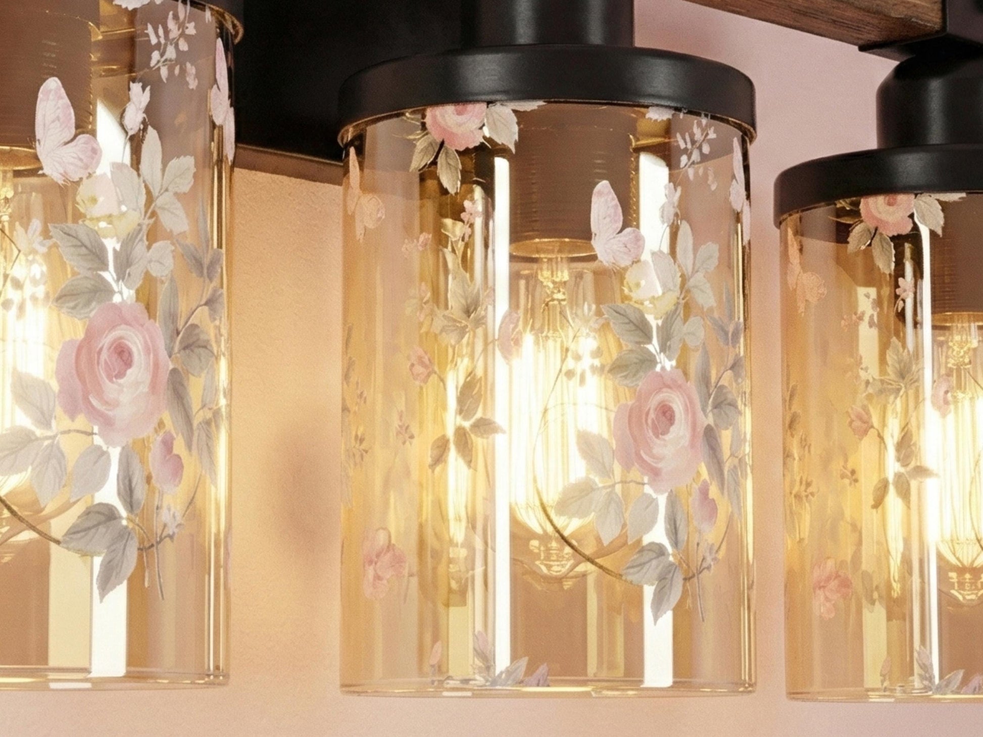Luxury Bathroom Lighting Vanity Light Fixture 3-Light Watercolor Floral Farmhouse Roses Metal and Glass Restroom Light Over Sink Decor