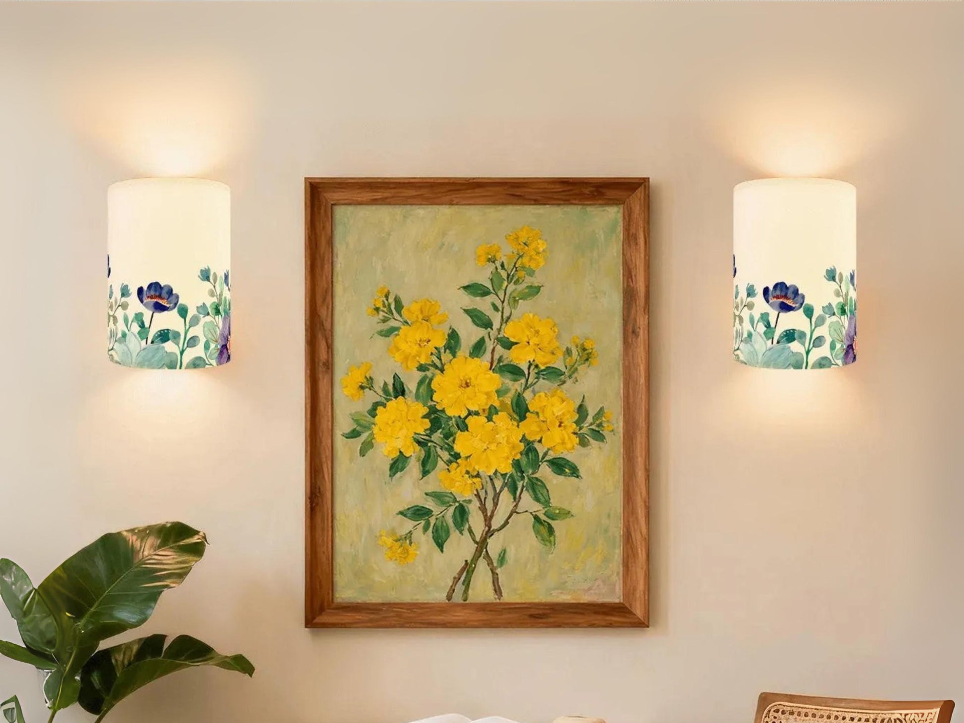Wireless Wall Sconce Set of 2 Blue Floral Battery Operated Wall Light Decorative Indoor LED Wall Lamp Modern Farmhouse Floral Wall Lighting