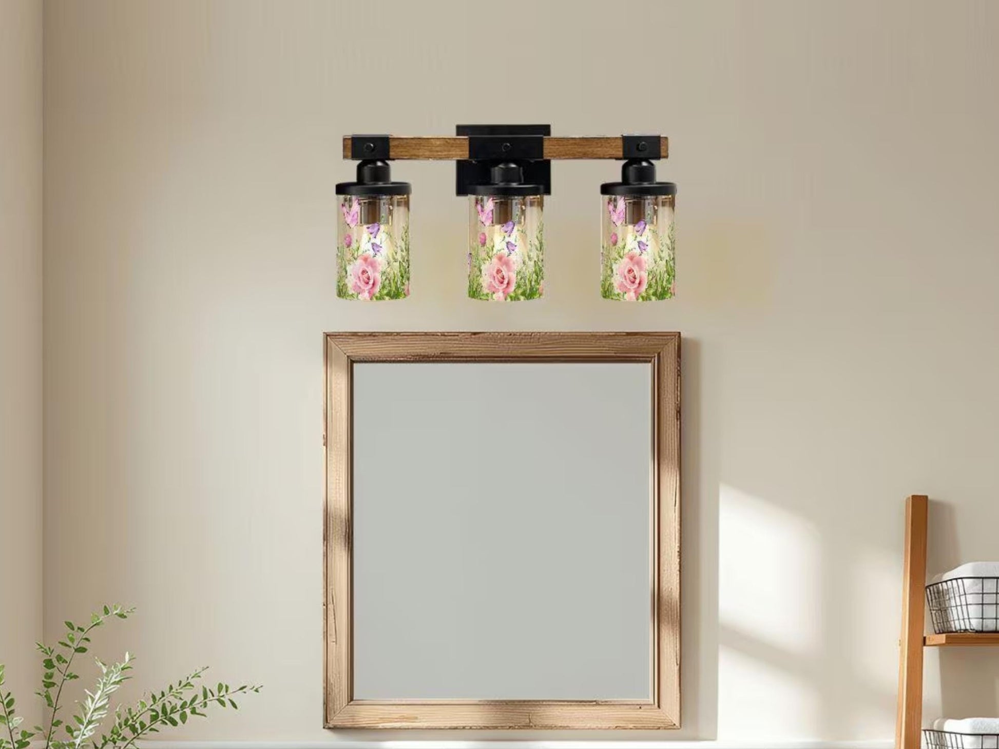 Bathroom Lighting Farmhouse Vanity Light Fixture Butterfly and Floral 3-Light Luxury Bathroom Metal and Glass Restroom Light Over Sink Decor