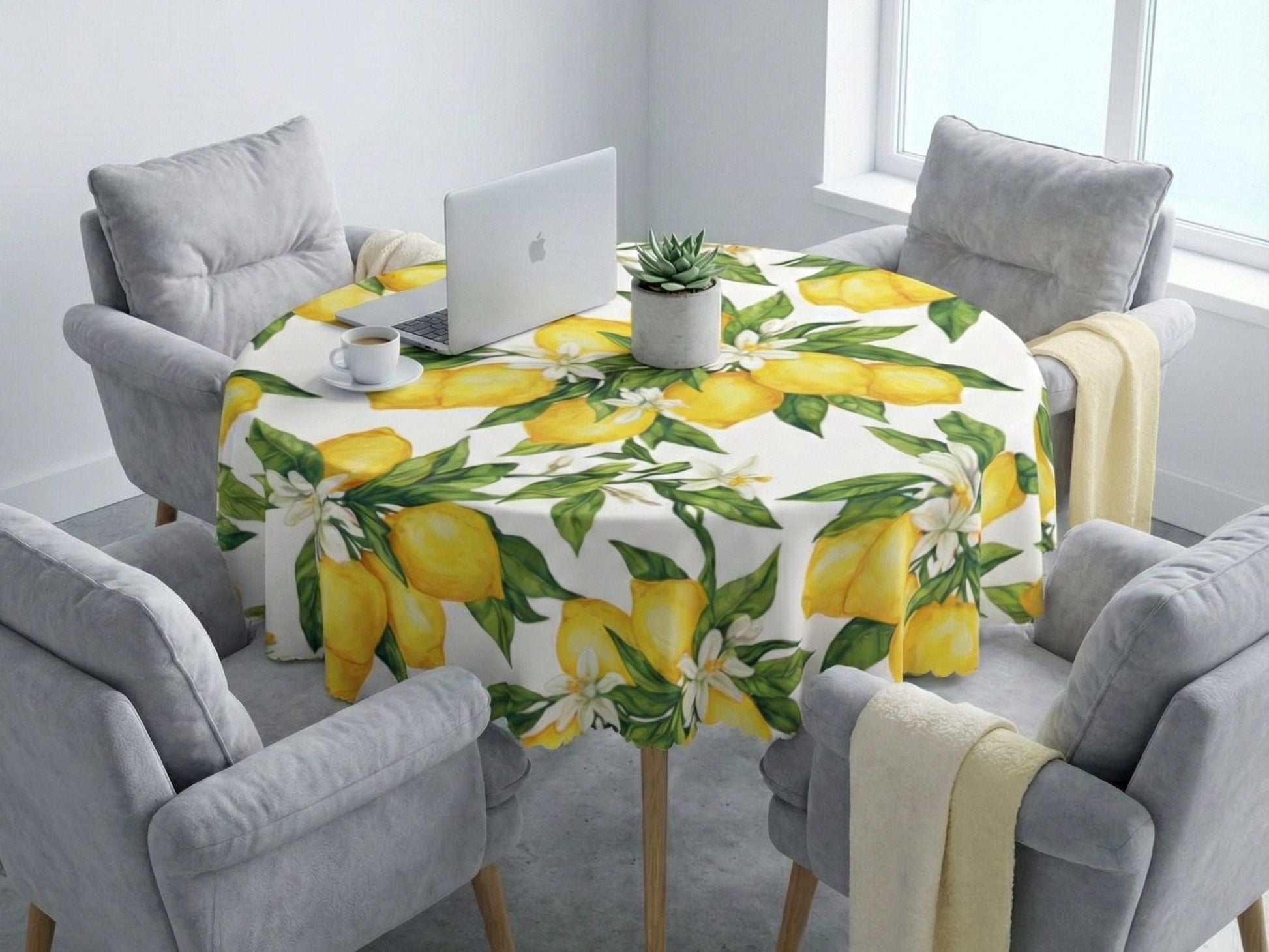 Tablecloth Lemon and Floral With Scalloped Edge Lace Detail Springtime Spill-Proof Lemons Washable Fabric Table Cloth For Family Dining