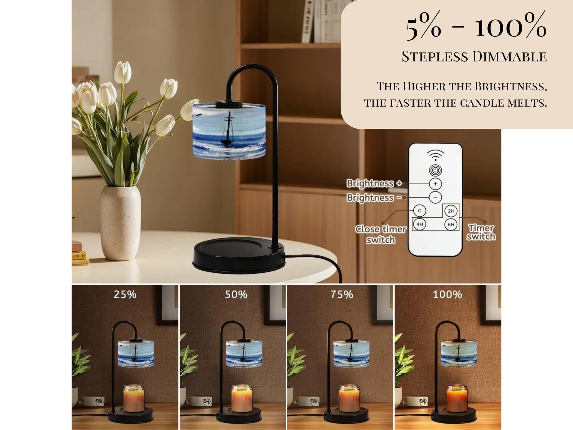 The image is a collage of four images showing a lamp with a candle on a table, displaying different brightness levels and timer settings.