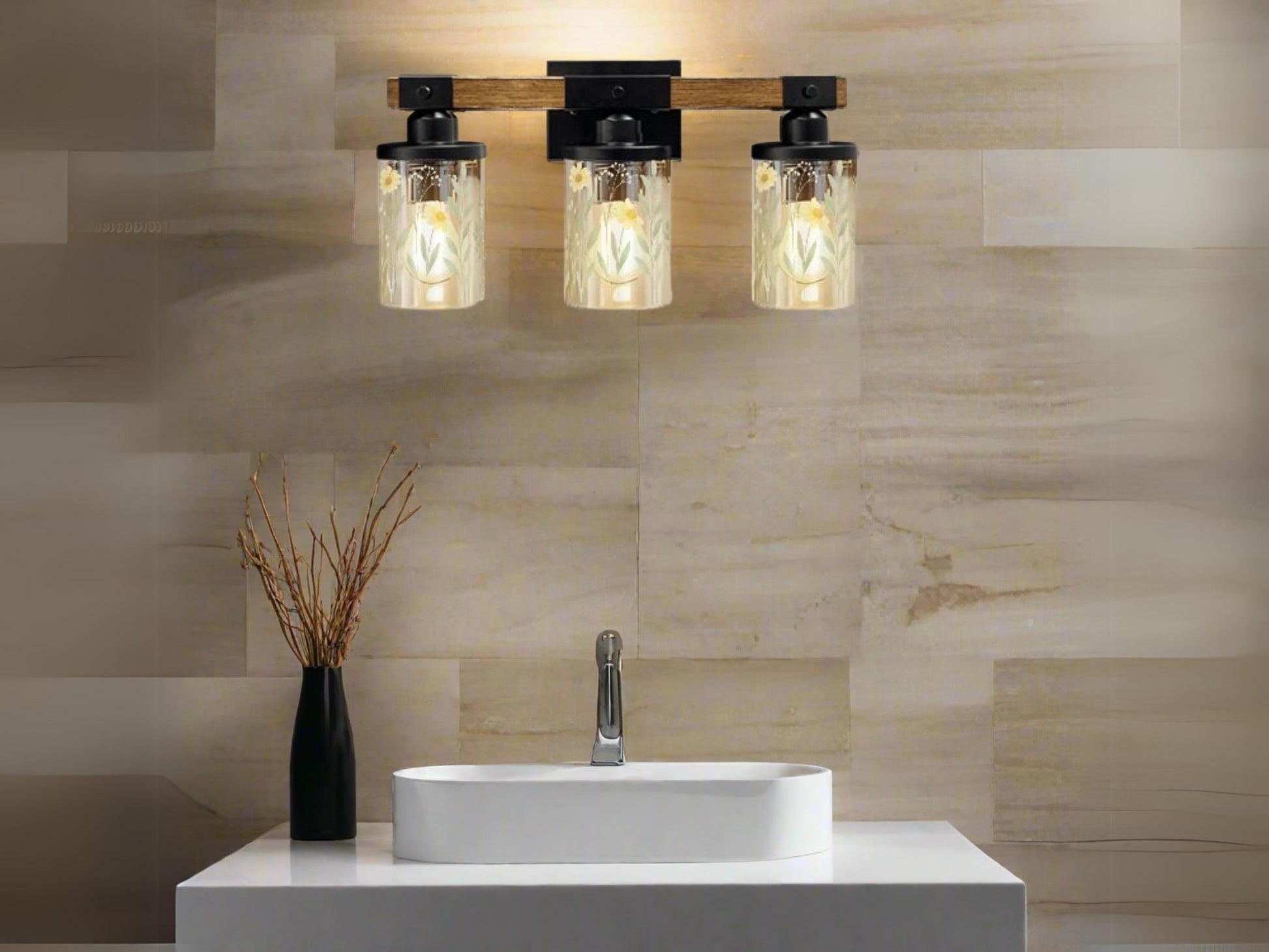 Luxury Bathroom Lighting Yellow Floral Vanity Light Fixture 3-Light Decorative Metal and Glass Restroom Light Garden Flower Over Sink Decor