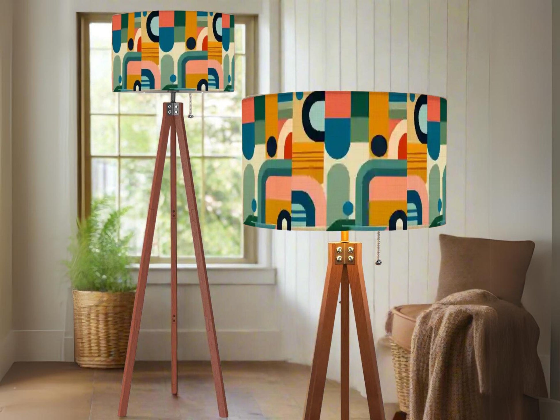 Mid Century Modern Tripod Floor Lamp Wood Base Housewarming Gift Living Room Lighting Decor Abstract Shape Orange Floor Lamp Gifting Idea