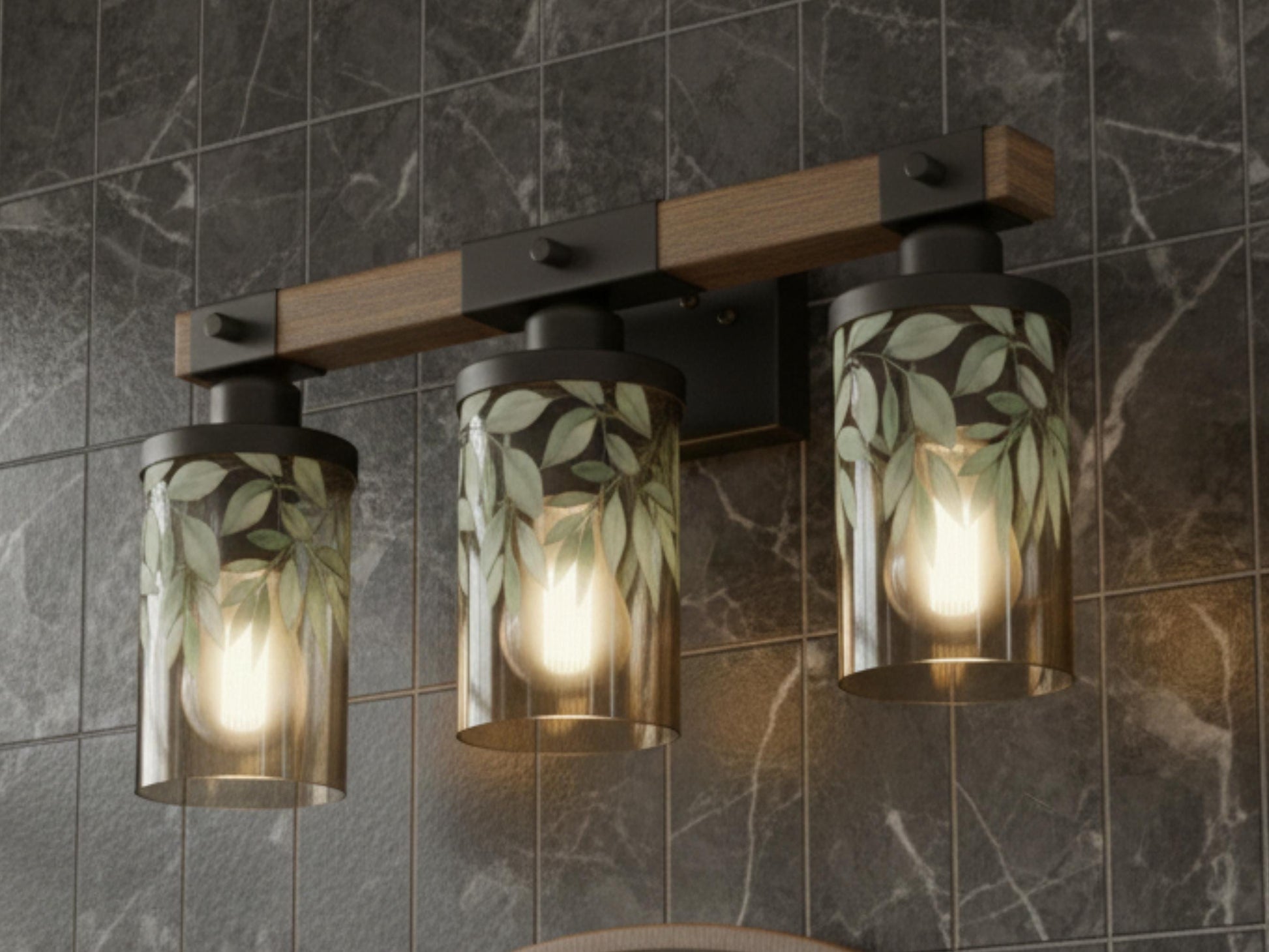 Luxury Bathroom Lighting Botanical Vanity Light Fixture 3-Light Decorative Metal & Glass Restroom Lights Green Leaves Light Over Sink Decor