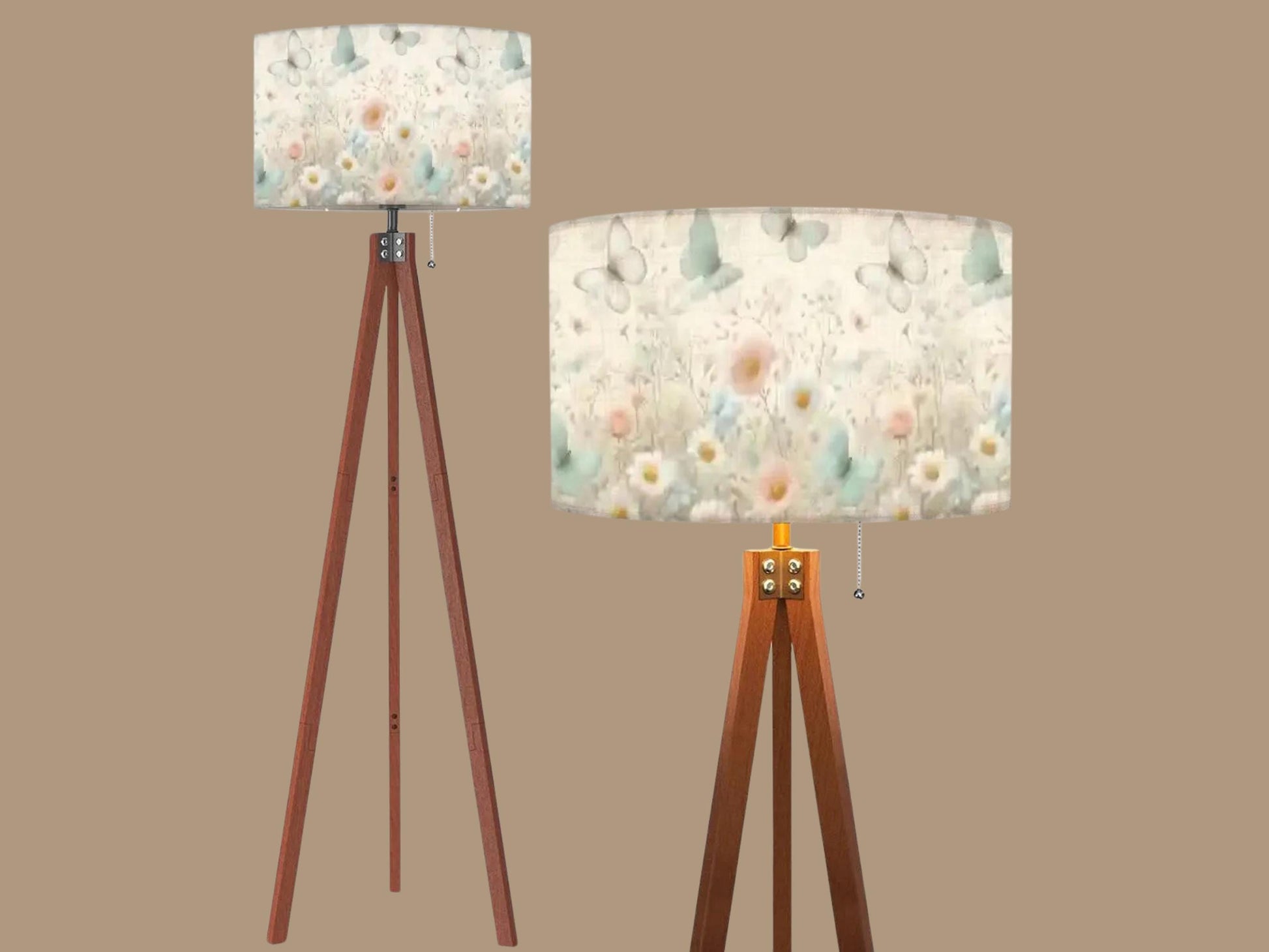 Floor Lamp Wood Tripod Tall Lamp Solid Wood Round Linen Shade Mid Century Floral Tall Lamp Housewarming Gift Living Room Lighting Decor Lamp