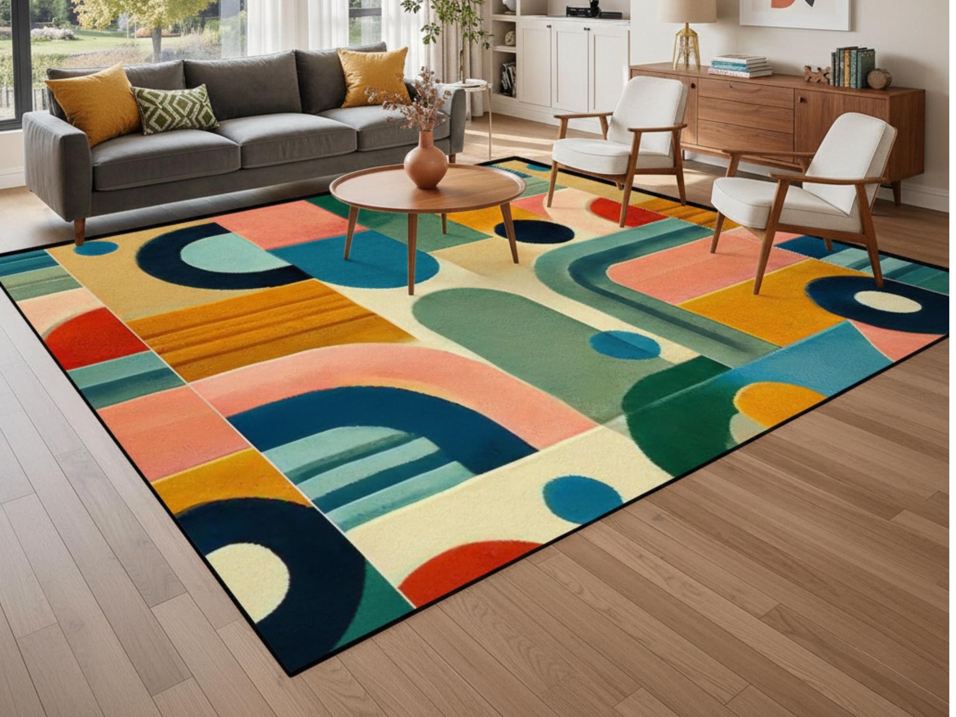 Large Area Rug Custom Size Midcentury Modern Living Room Rug Indoor MCM Design Carpet 96in x 120in Family Room Mid Mod Rug Soft Short Pile