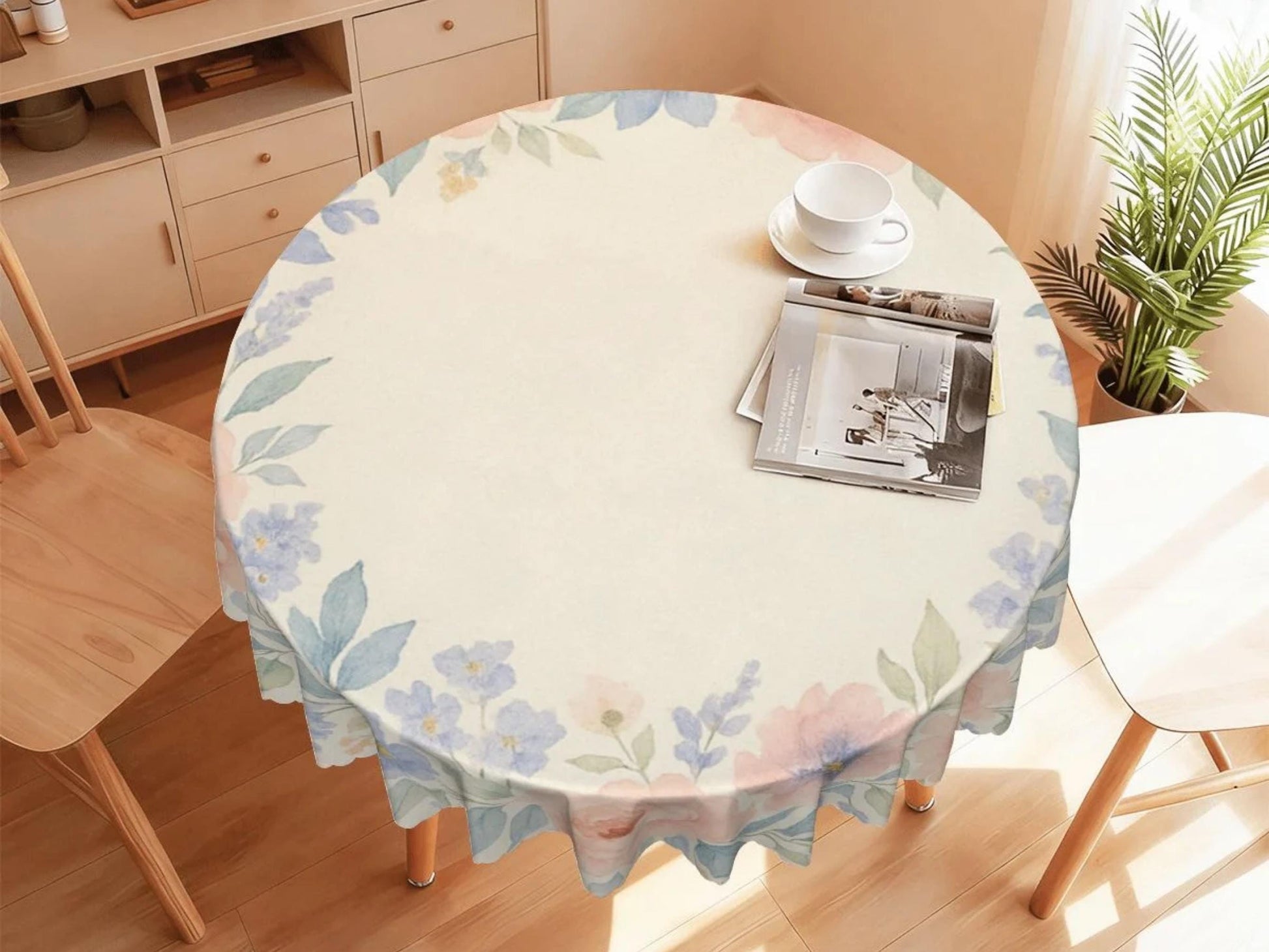 Tablecloth 60inch Spring Flowers Scalloped Edge Detail For Spring Spill-Proof Floral Washable Fabric Table Cloth For Family Dining Occasions