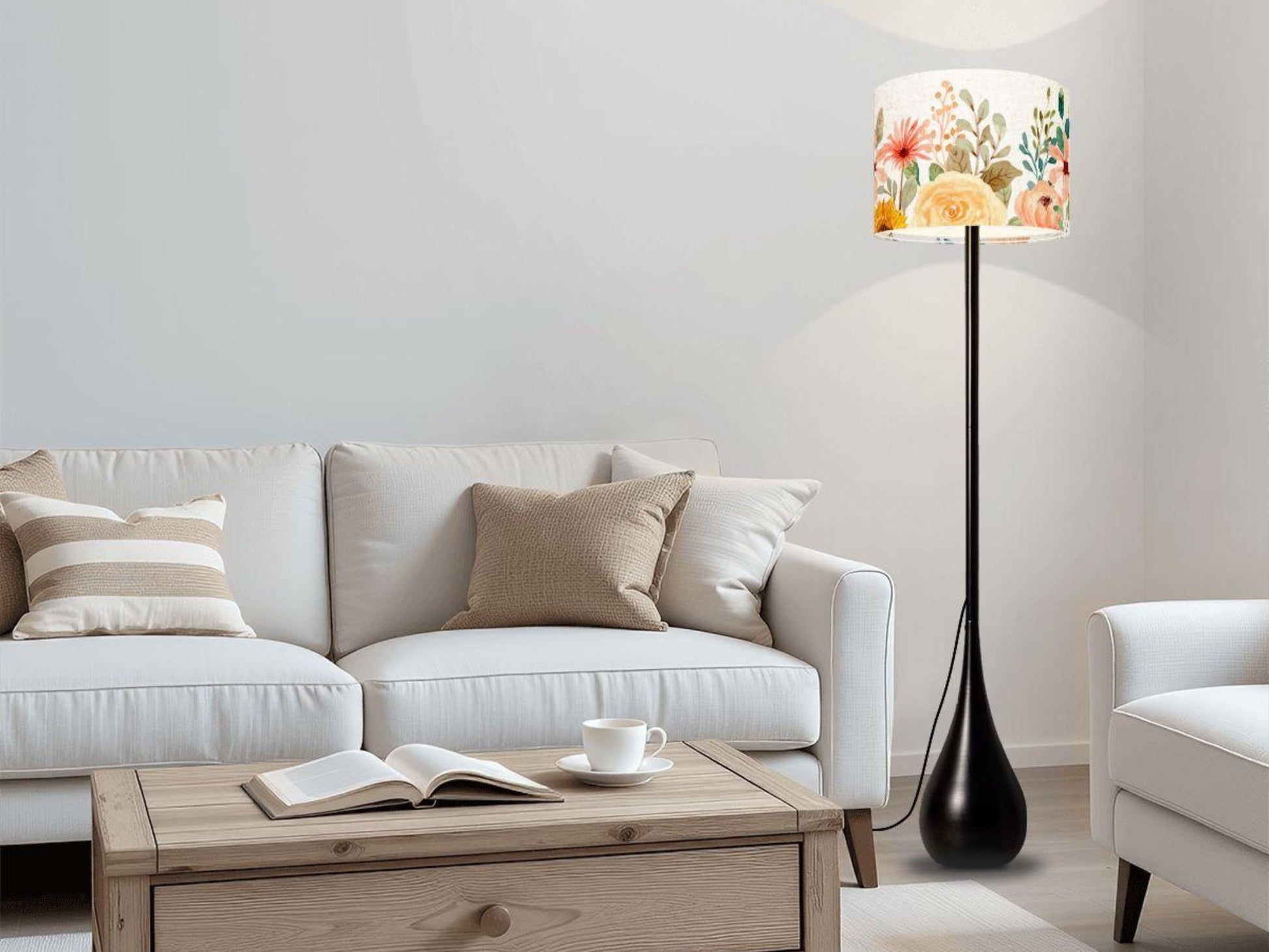 Floor Lamp Remote Control Boho Flower Teardrop Living Room Lamp Gift Housewarming Present Idea Watercolor Design Bedroom Lighting Floor Lamp